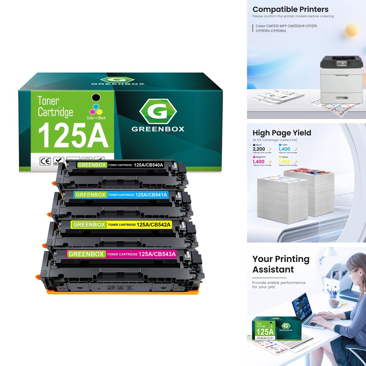 GREENBOX 125A CB540A-CB543A Toner Cartridges 4 Pack for HP