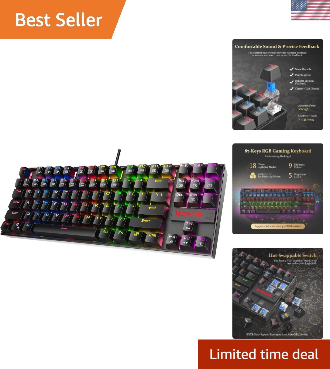 87-Key Compact Mechanical Keyboard with RGB Lights & Ergonomic Design for Gamers