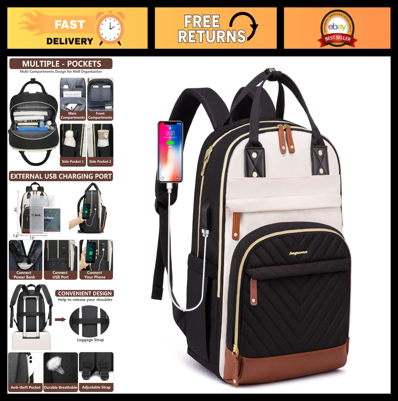Stylish Laptop Backpack for Women - 17.3" College Bookbag, Travel Work Bag, USB