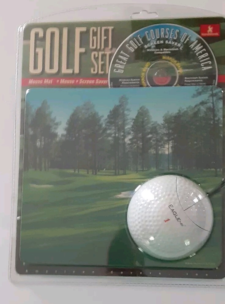 Golf Gift Set with Golf Ball Mouse, Mouse Mat, Screen Saver on CD with cord NIB