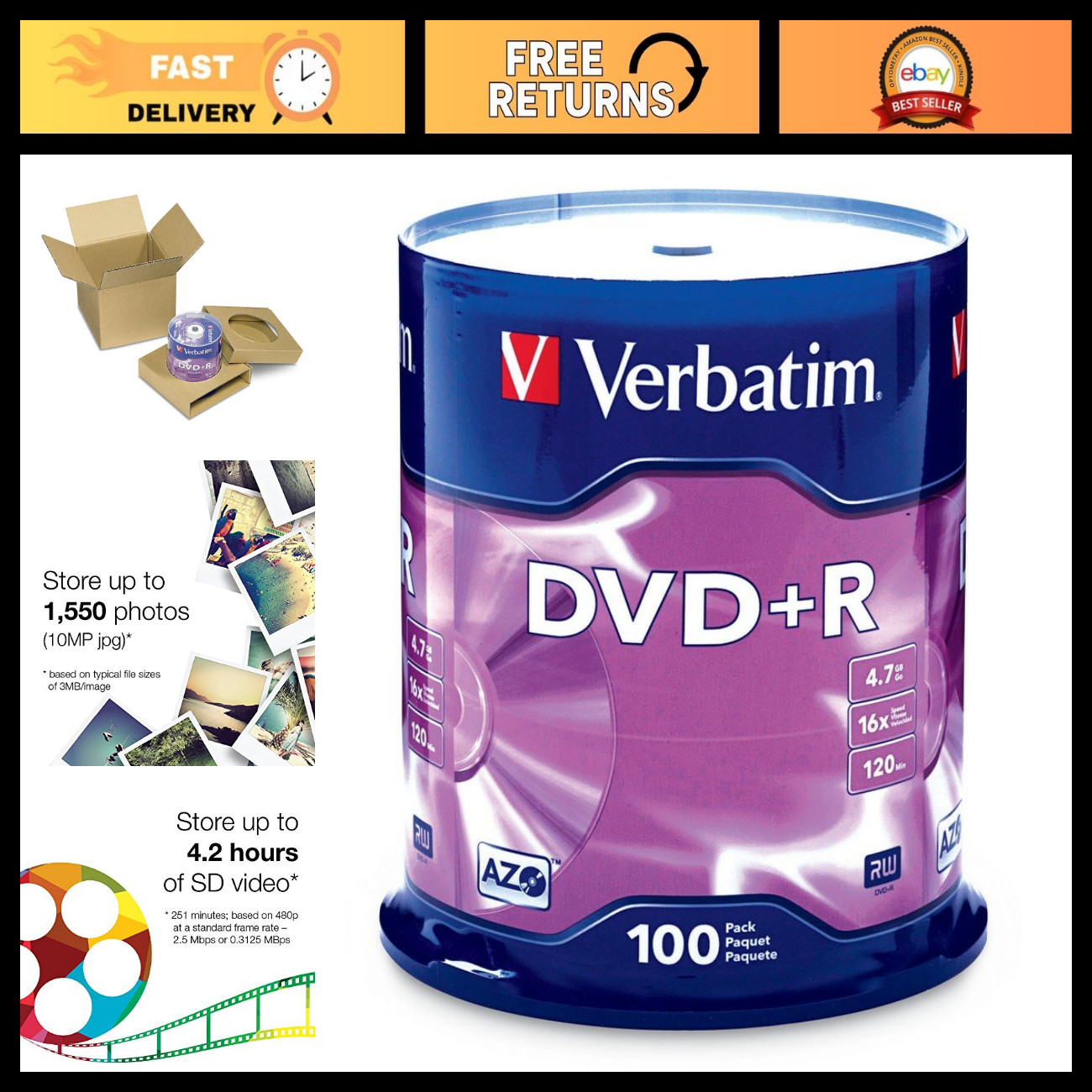 100 Pack DVD+R 4.7GB 16X Recordable Discs with AZO Dye - High-Speed Media Storag