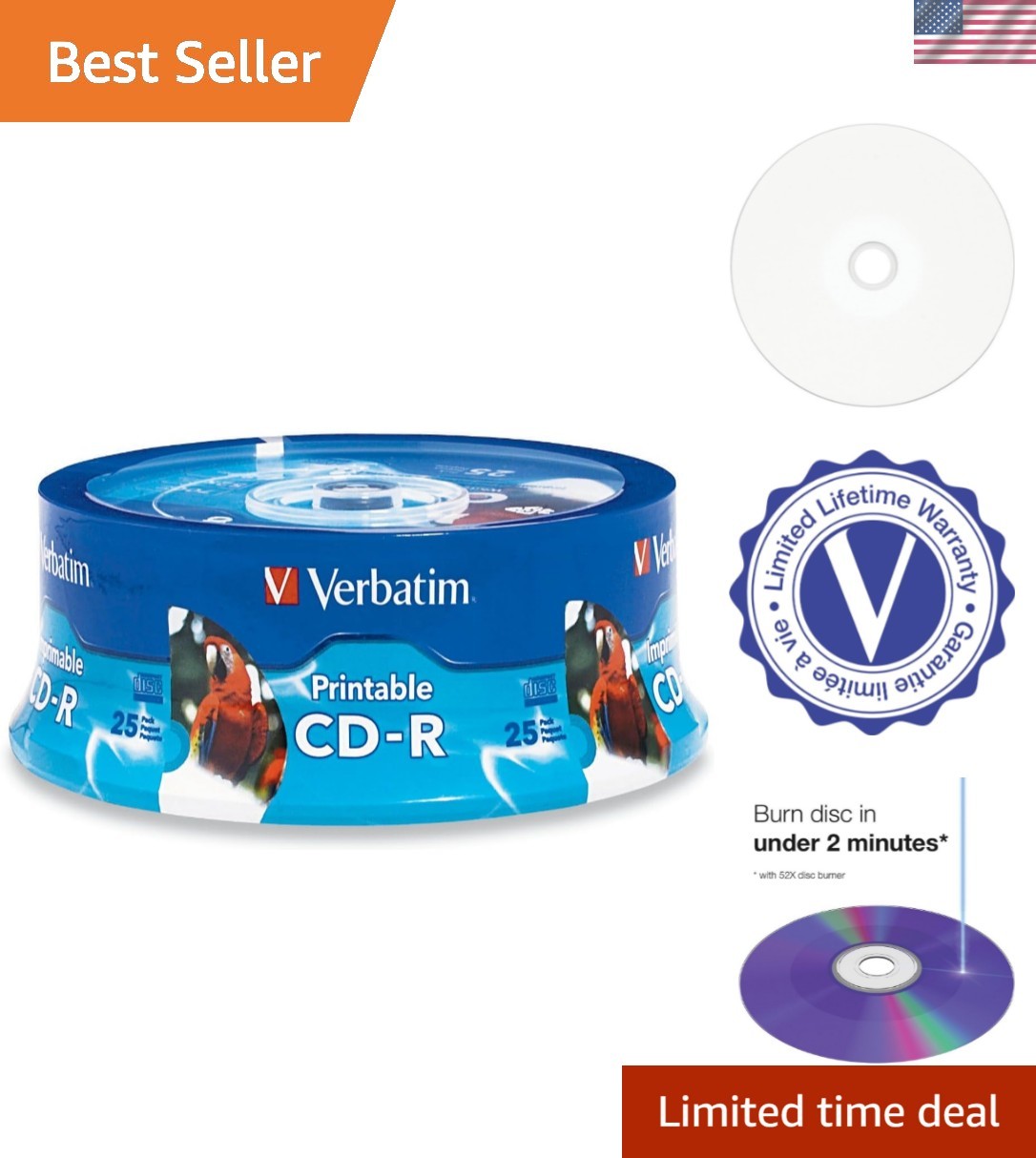 CD-R 700MB 52X White Hub Printable Discs, 25 Pack