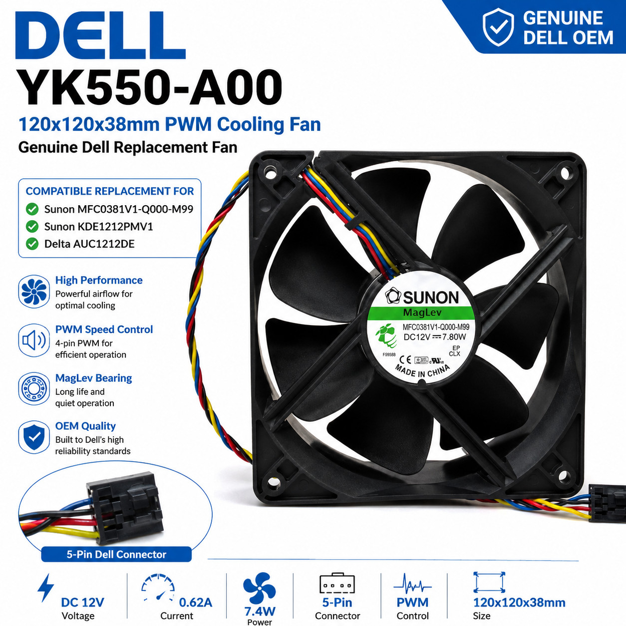 Dell YK550-A00 120x120x38mm 12V PWM Cooling Fan KDE1212PMV1 AUC1212DE MFC0381V1