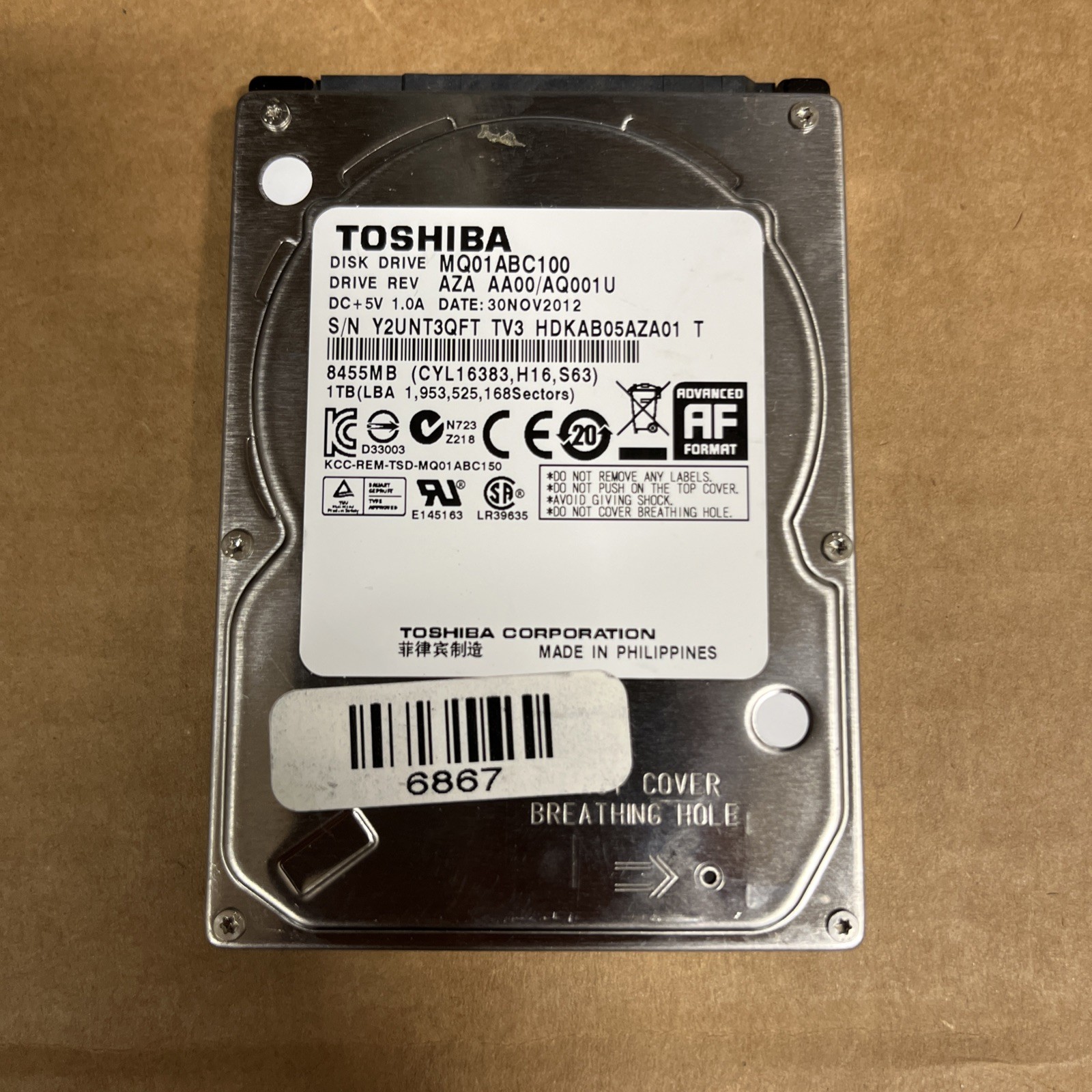 Toshiba 1TB MQ01ABC100 AZA AA00/AQ001U HDKAB05AZA01 T 2.5” Laptop Hard Drive