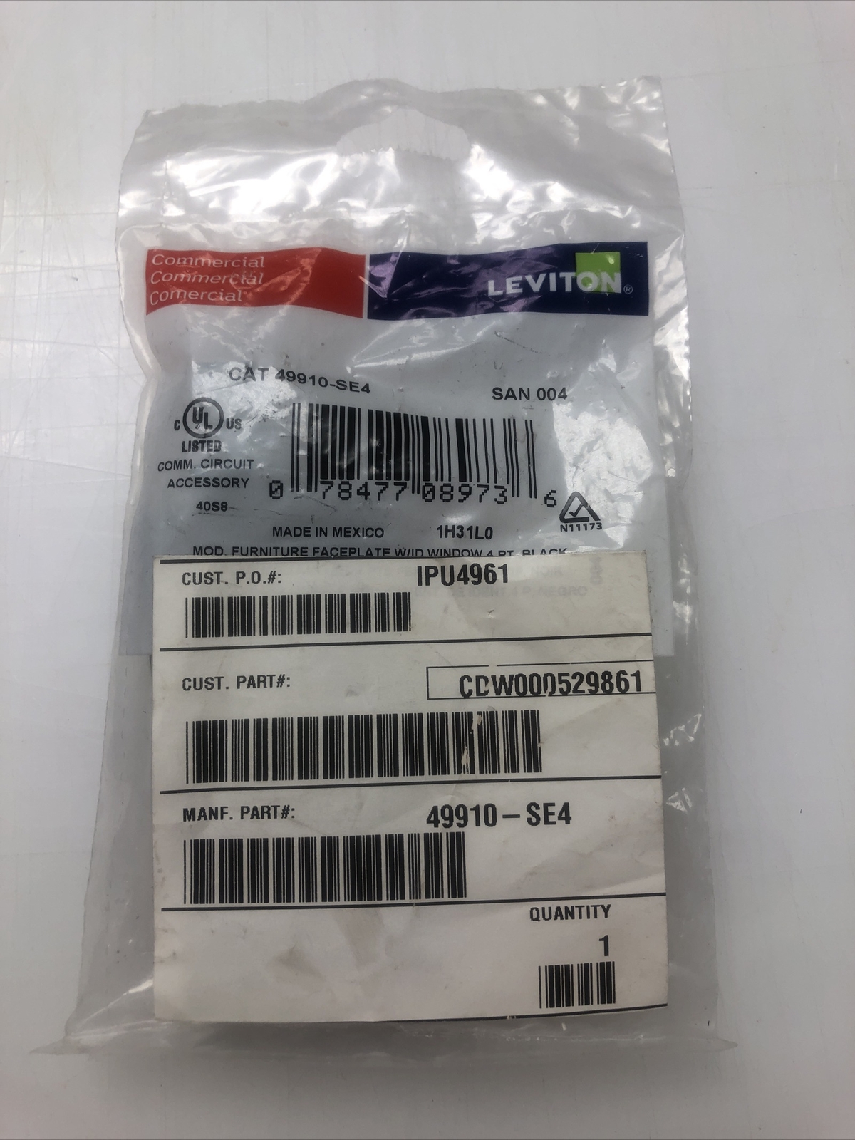 49910-SE4 LEVITON QuickPort Modular Furniture Faceplate 4-Port Black