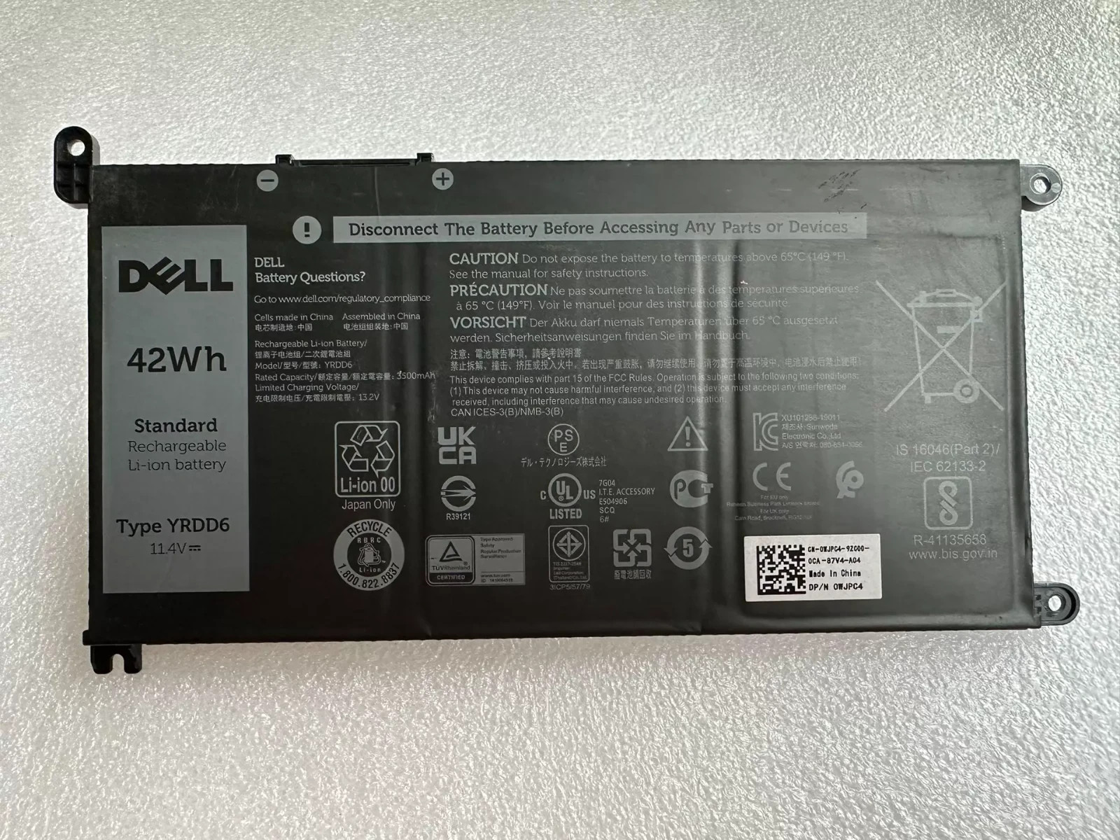 OEM Geniune 42Wh, 11.4V YRDD6 Dell Battery Dell Inspiron 1VX1H VM732 FDRHM