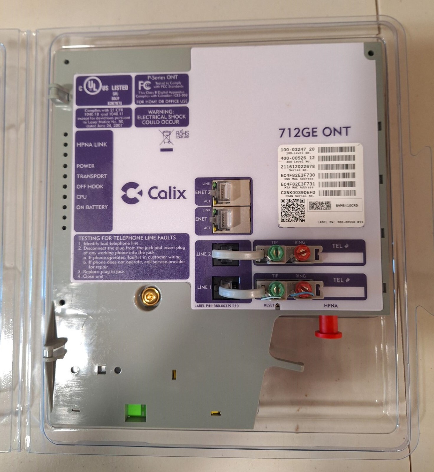 Calix 100-03247 712GE ONT - Tested w/ Warranty 2 Pots, 2 Ge, 1 HPNA