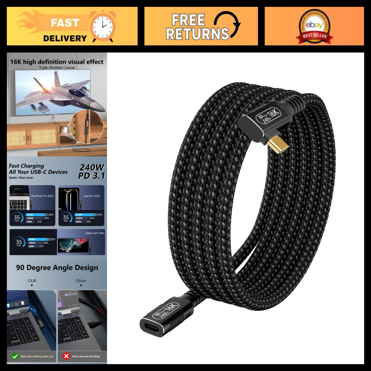 6.6ft USB4 Extension Cable 90-Degree Right Angle, 80Gbps, 16K Video, 240W Chargi