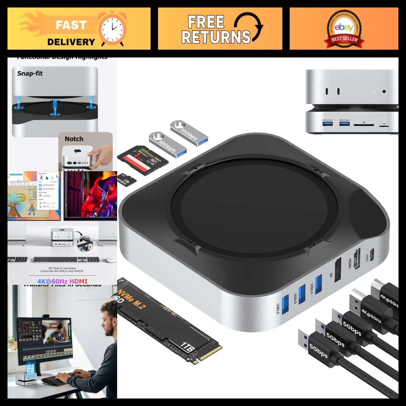 Mac Mini M4 Docking Station with NVMe SSD Enclosure, Dual Monitor, 6-Port USB-C