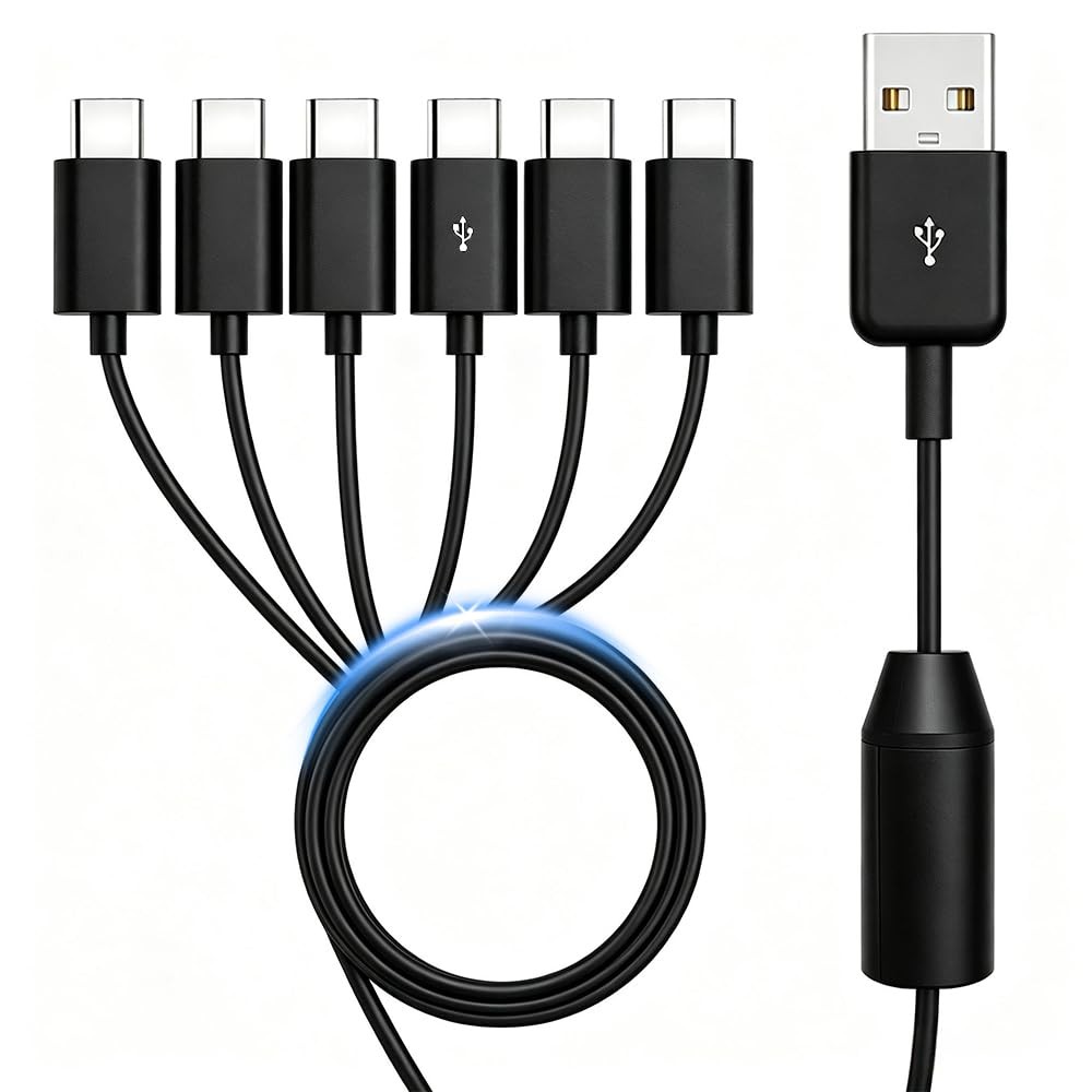 Herfair USB C Splitter 6 Way USB-C Multi Charging Cable for 1.64 Feet, Black
