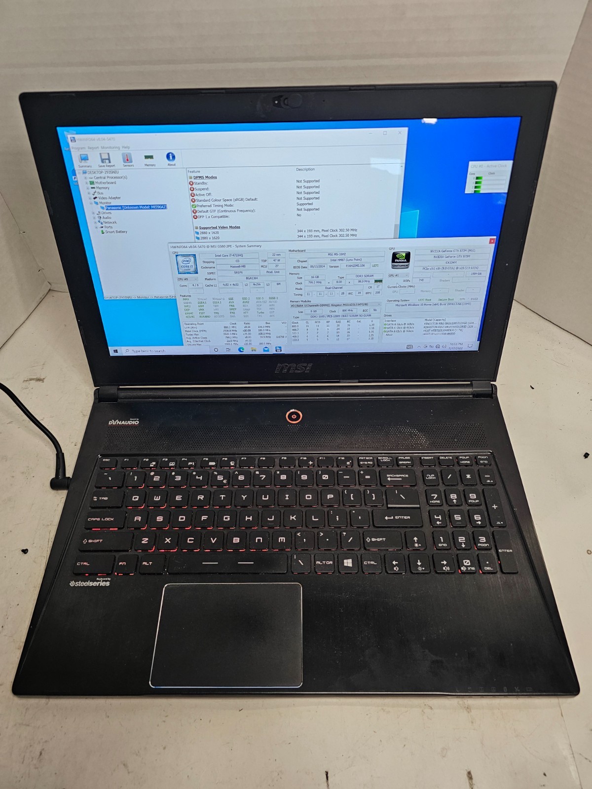 MSI GS60 2PE i7-4710HQ 16GB RAM 1TB HDD Win 10 NO BATTERY GTX 870M #04