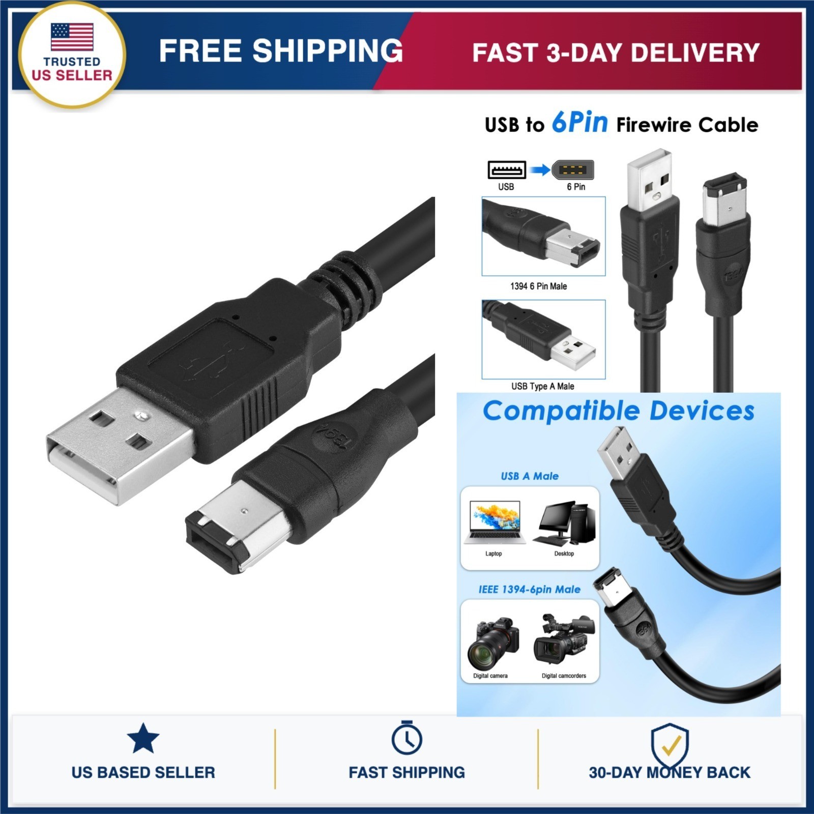 FireWire to USB Adapter Cable 6-Pin IEEE 1394 Male to USB 2.0 A Male 6FT for DV