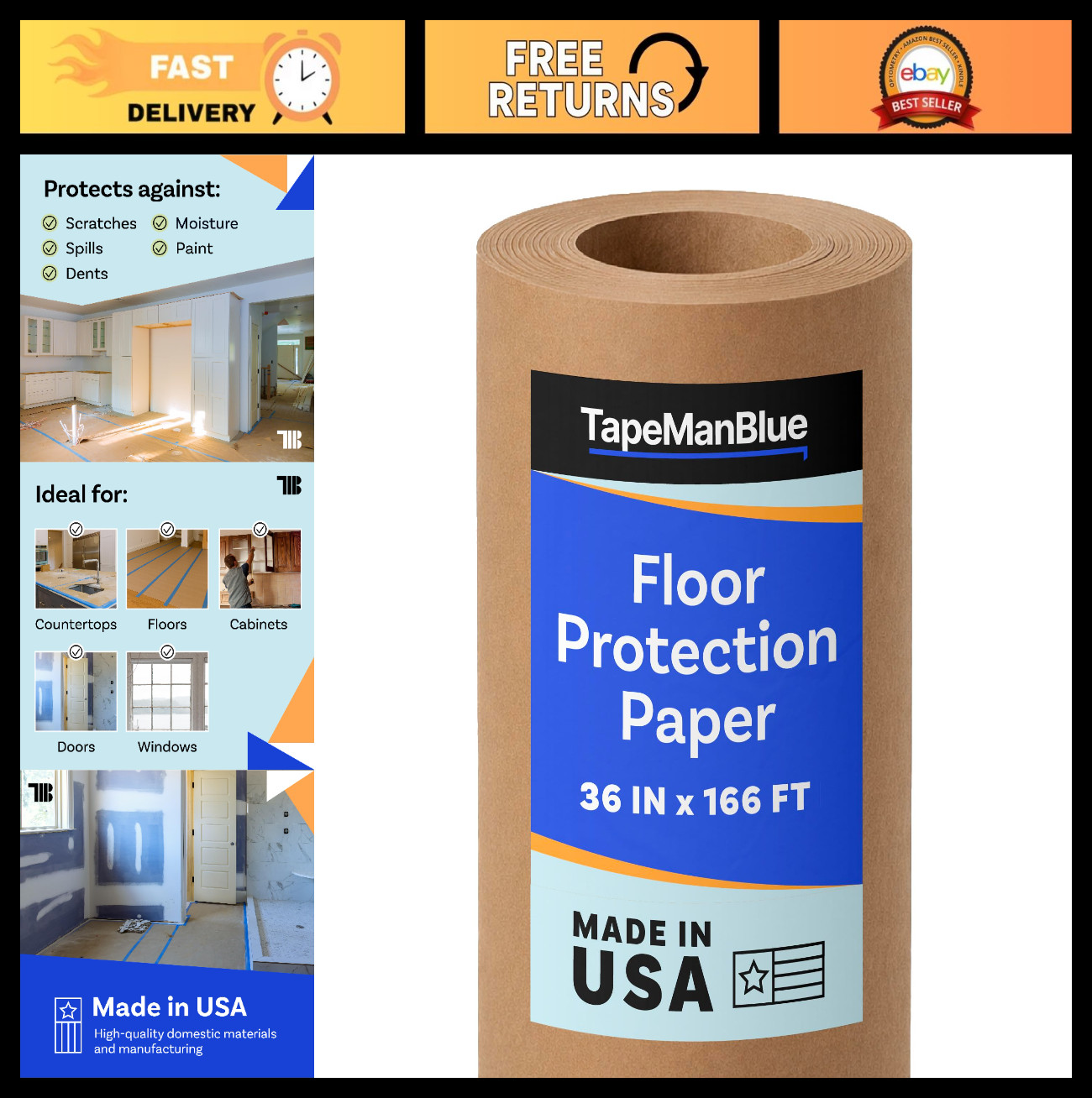 Floor Protection Paper Roll 36"x166' - Thick Brown Rosin Masking, 100% Recycled,
