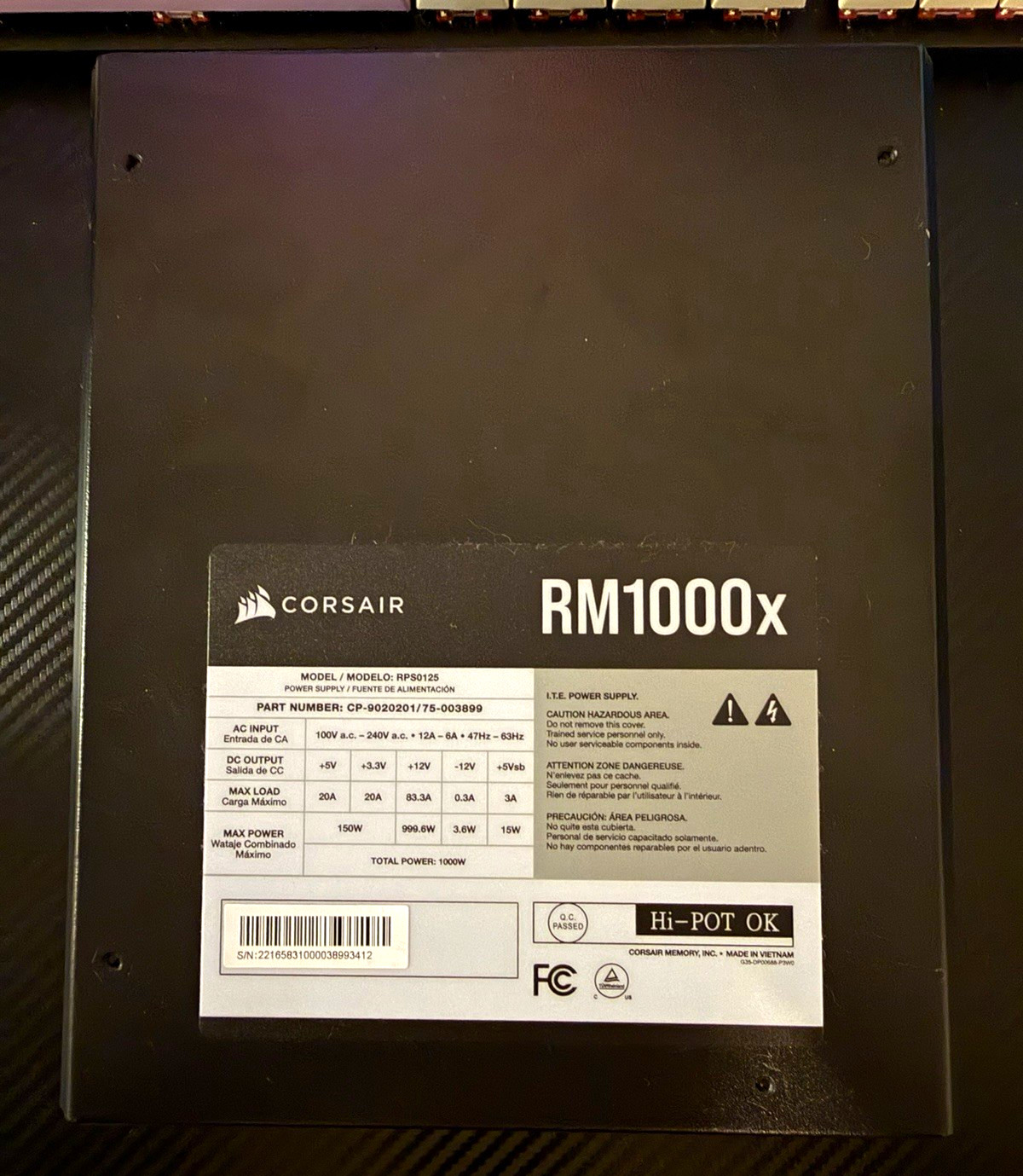 Corsair RM1000x 1000W ATX Power Supply Unit PSU Black 100-240V