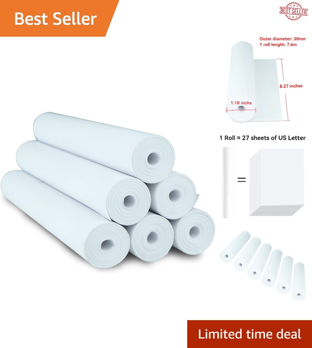 Eco-Friendly A4 Thermal Paper - 6 Rolls, 210mm Width, Quick-Dry BPA Free Quality