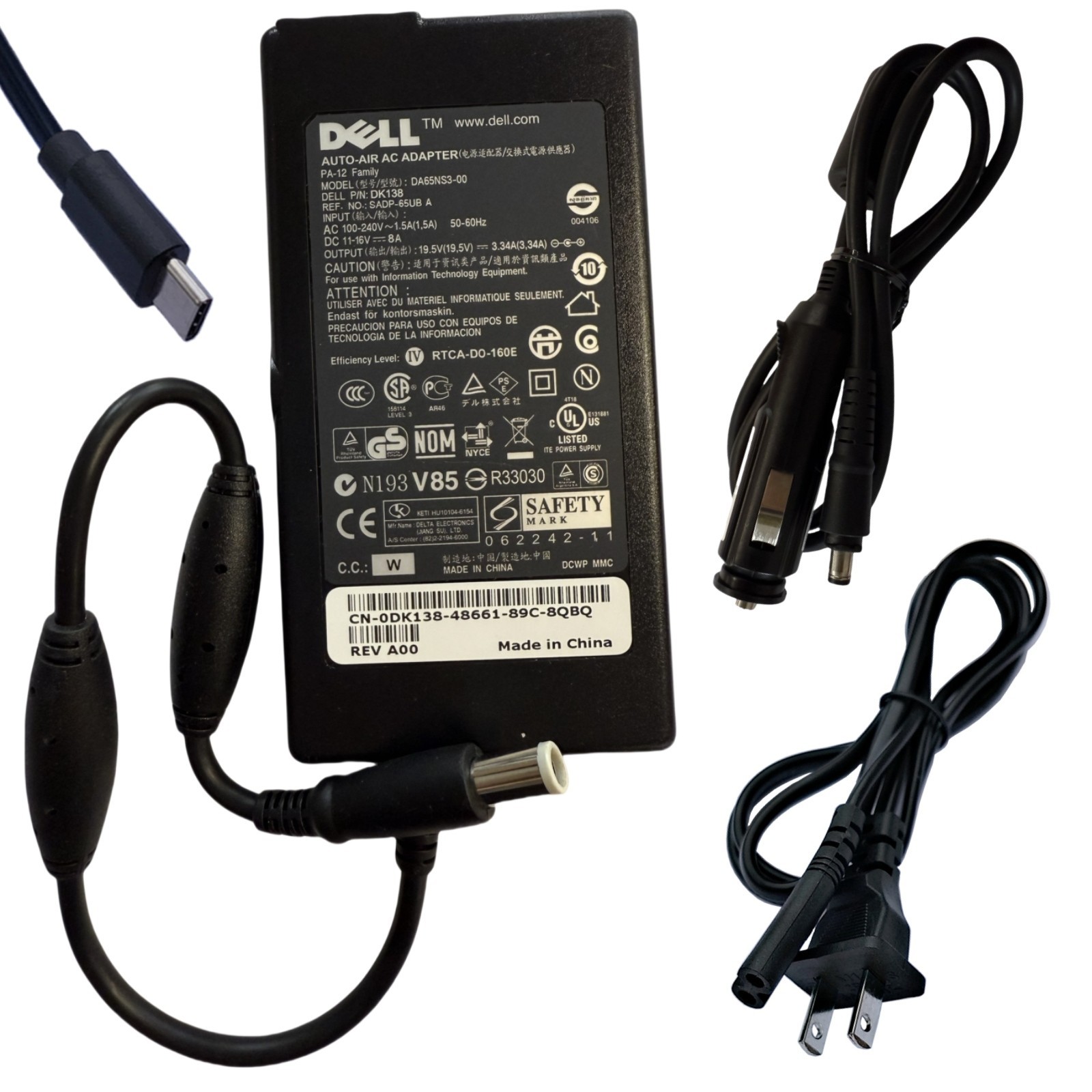 Genuine DELL USB-C 19.5V 3.34A 65W AC & Car Auto DC Adapter Charger For Laptops
