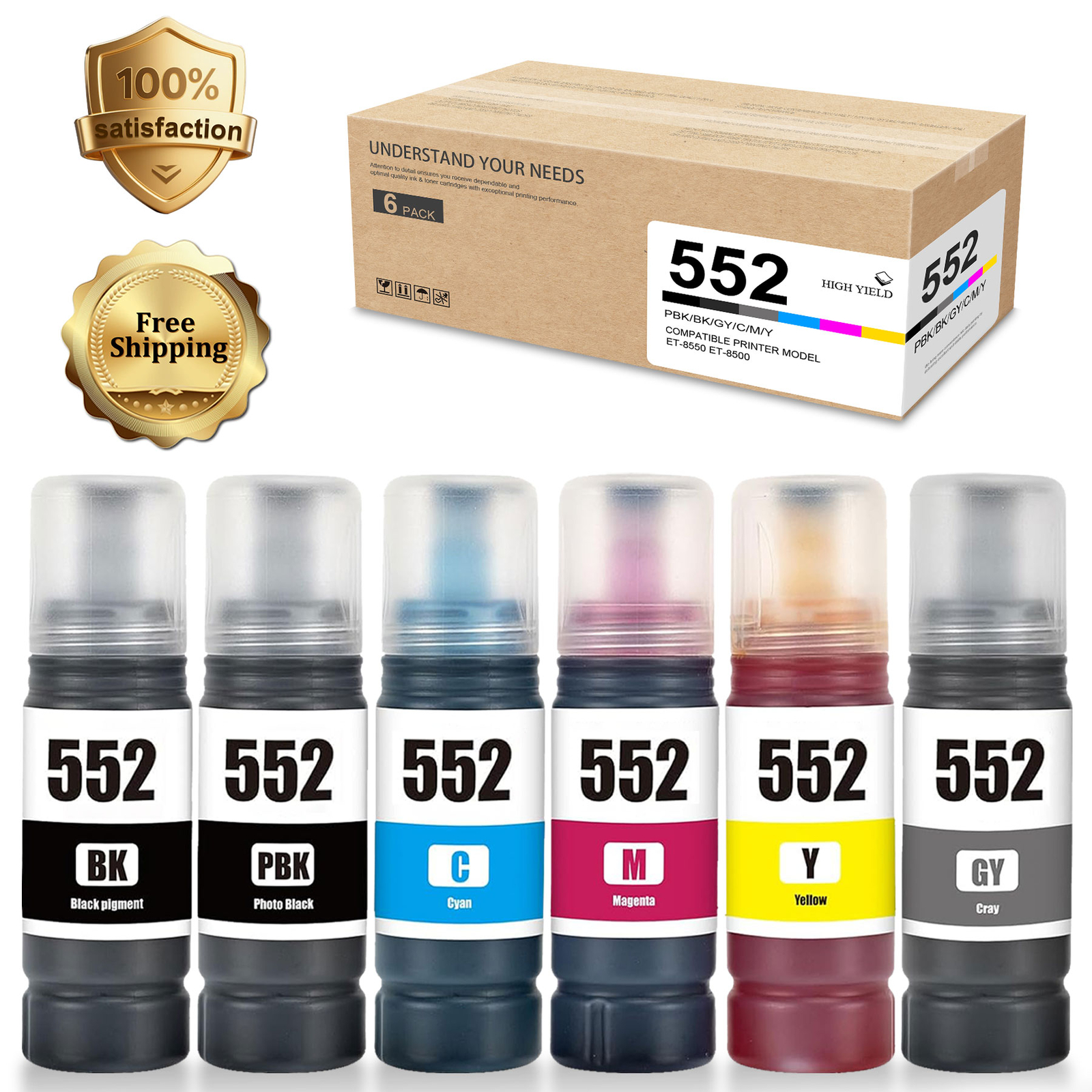 6PK T552 552 Ink Bottles   EcoTank ET-8550 ET-8500 (BK/PBK/C/M/Y/GY)
