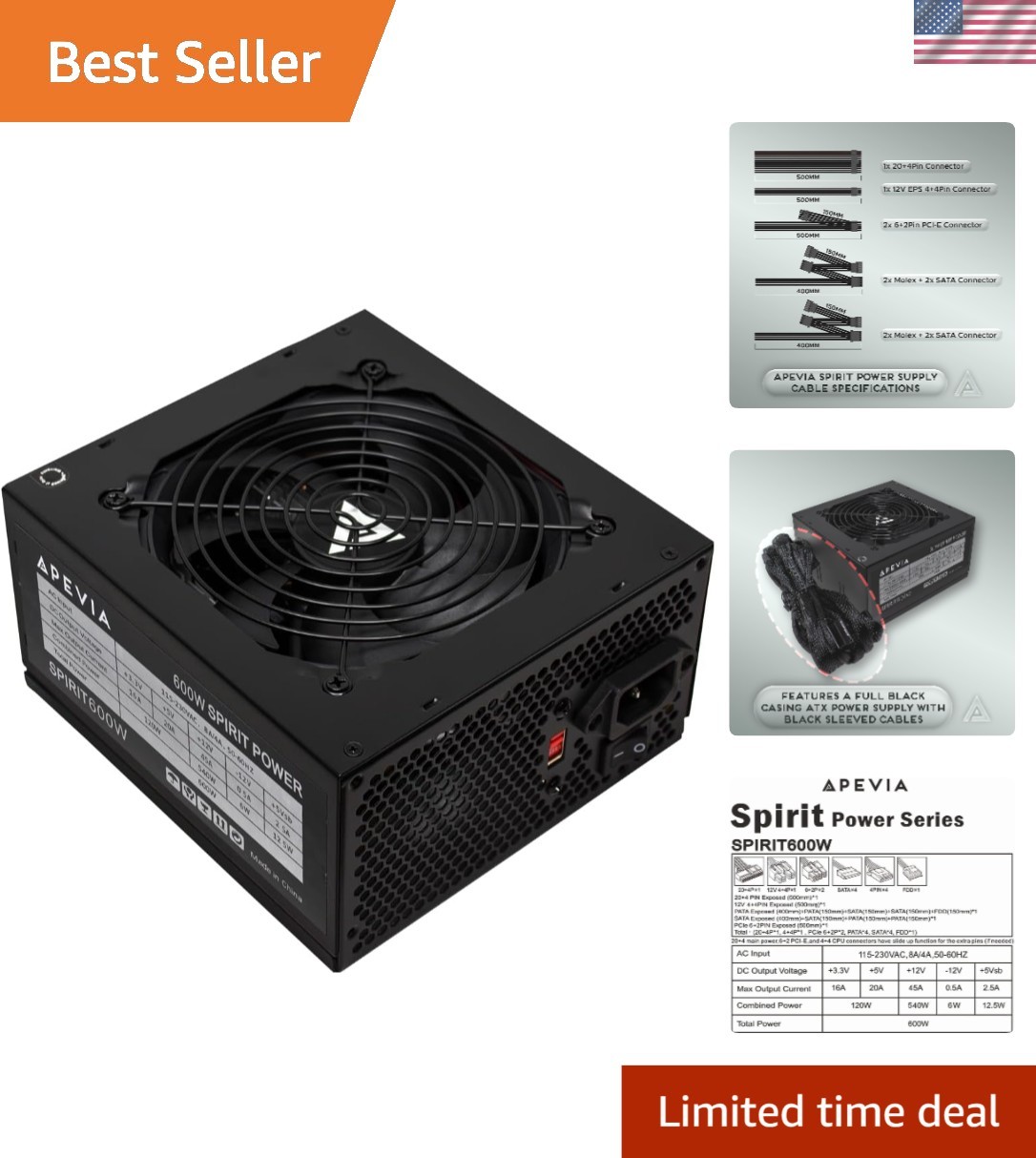 SPIRIT600W Spirit 600W ATX Power Supply, 120MM Fan, All Protections