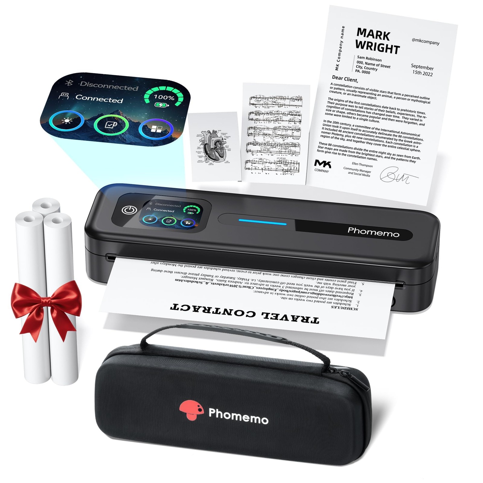 Phomemo M832D Touchscreen Inkless Portable Printer with Case & 3 Roll Paper