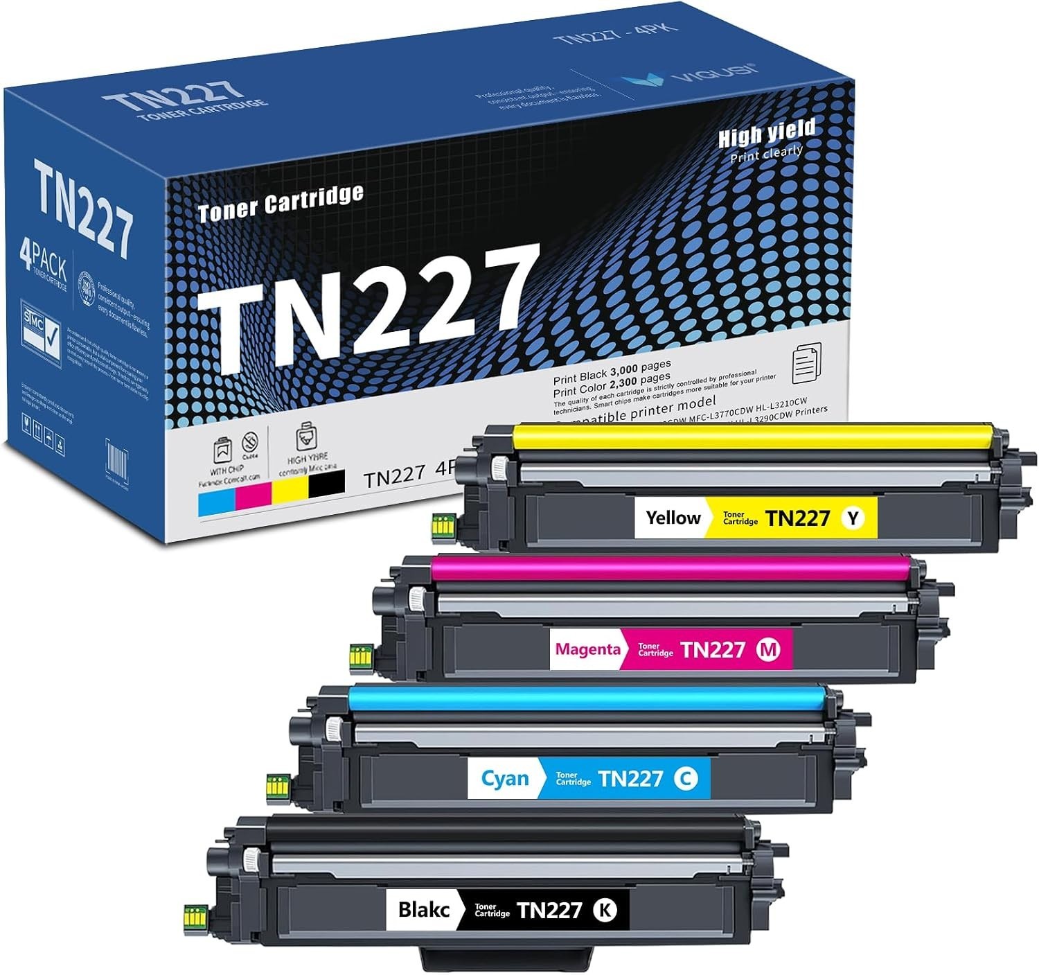 Toner Cartridges 4-Pack BCMY TN227 VIGUSI [Compatible With Brother] Chip BN