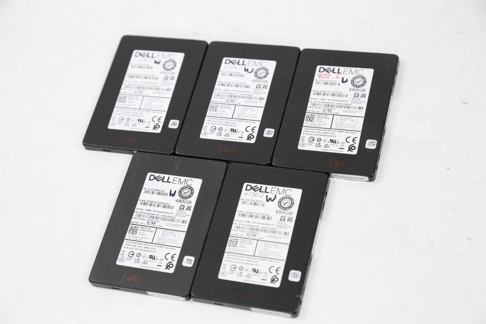 Lot of 5 Dell 02M3C 480GB SSD SATA 6G MTFDDAK480TDT-1AW1ZABDA Solid State Drive