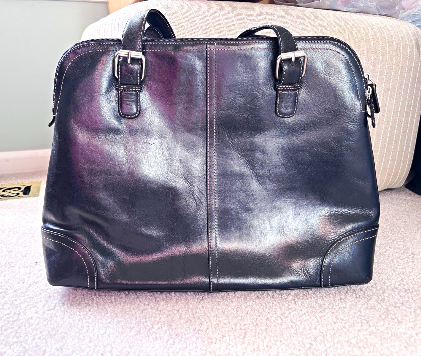 Fossil Black Leather Zip-Top Briefcase Laptop Bag w/ Inner Pockets MPN 75082