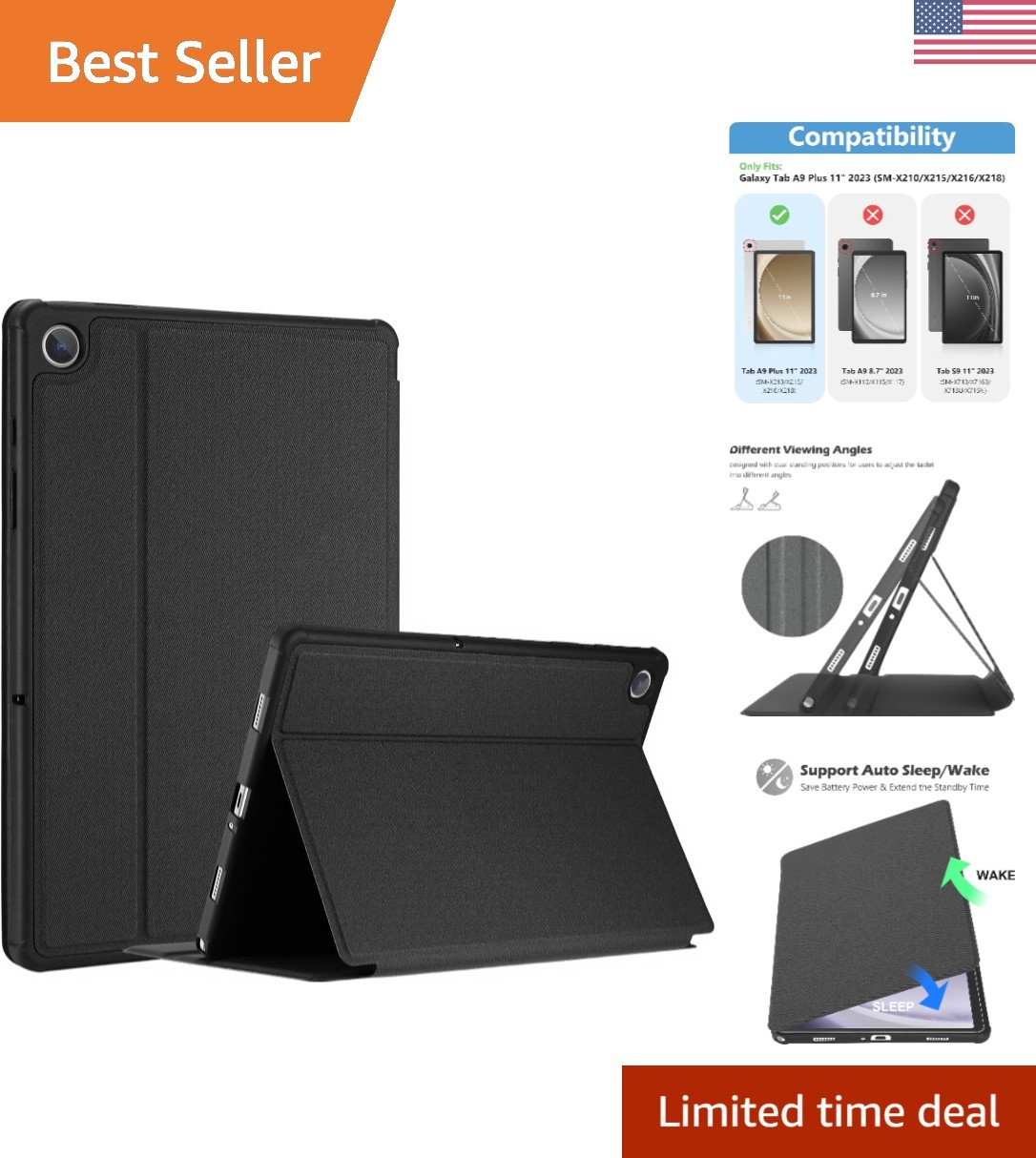 Elegant Black Stand Case for Galaxy Tab A9 Plus 11” – Auto Wake/Sleep Function
