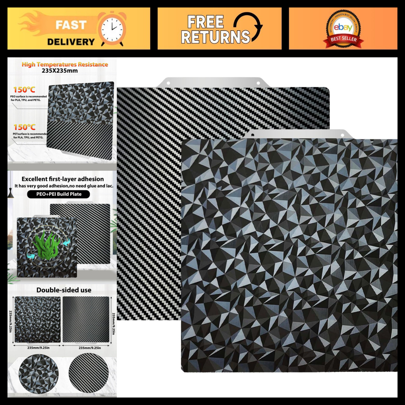 235x235mm 3D Printer Build Plate, Diamond PEO Carbon Fiber Spring Steel Sheet, C