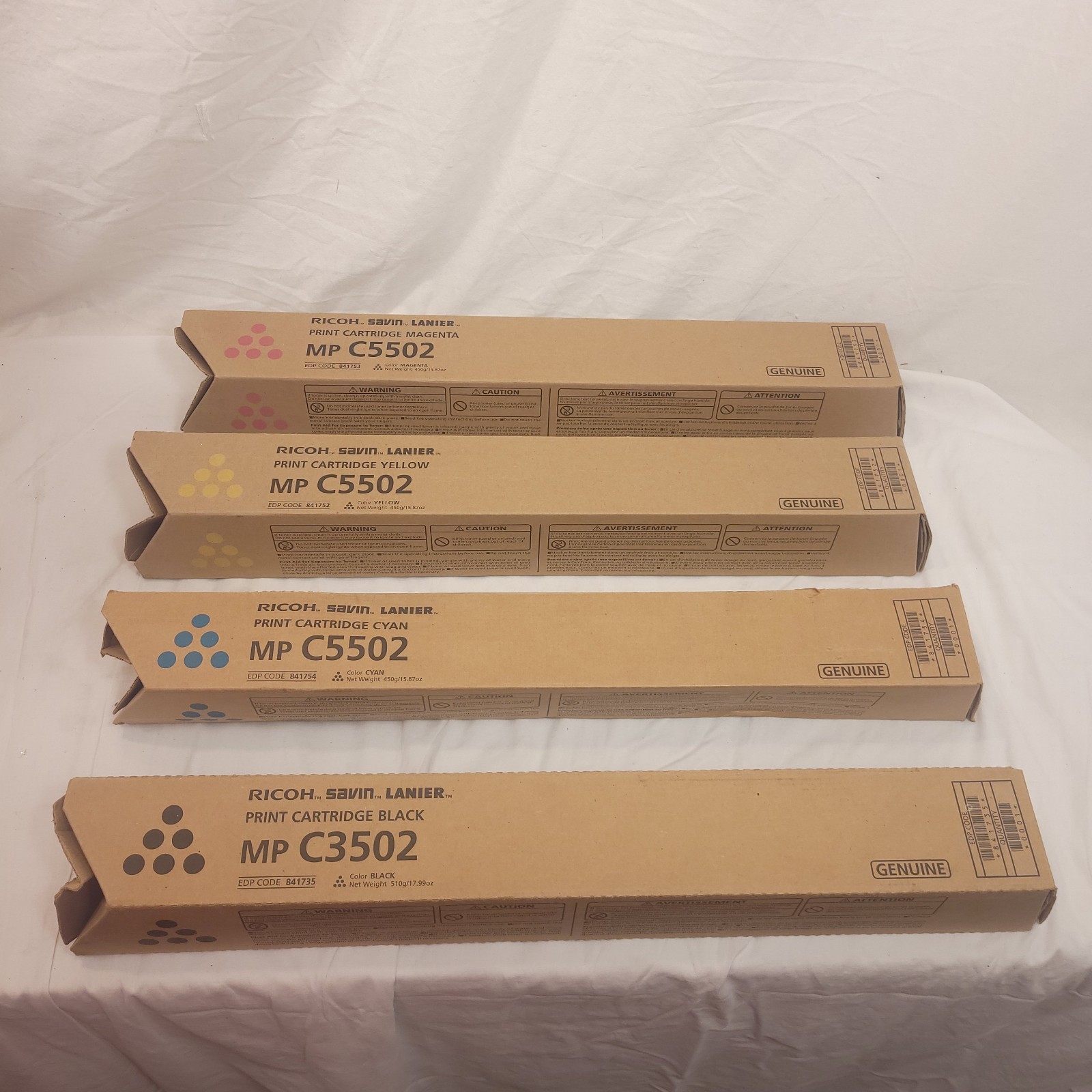 4 New OEM Ricoh MPC5502 Toner Cartridges Black Cyan Magenta Yellow 841735 841754