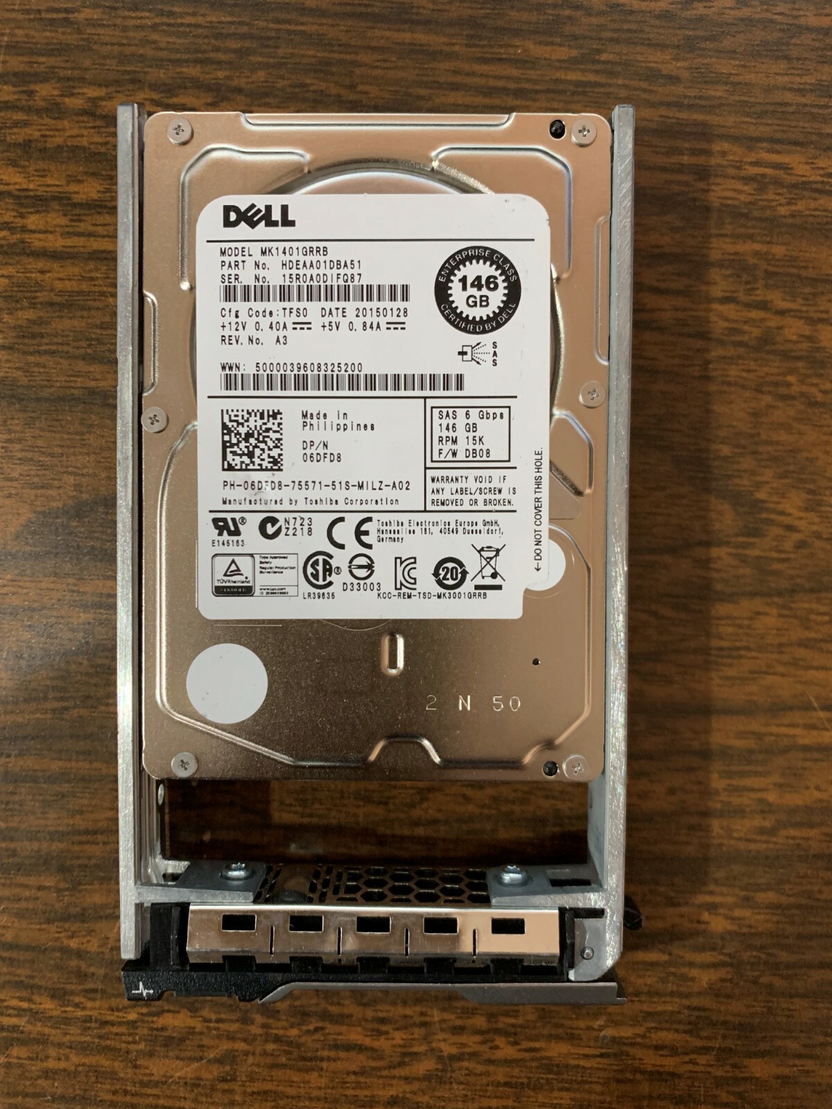 146G 15K SAS 6Gbps 2.5 Dell 06DFD8 6DFD8 in Dell Tray