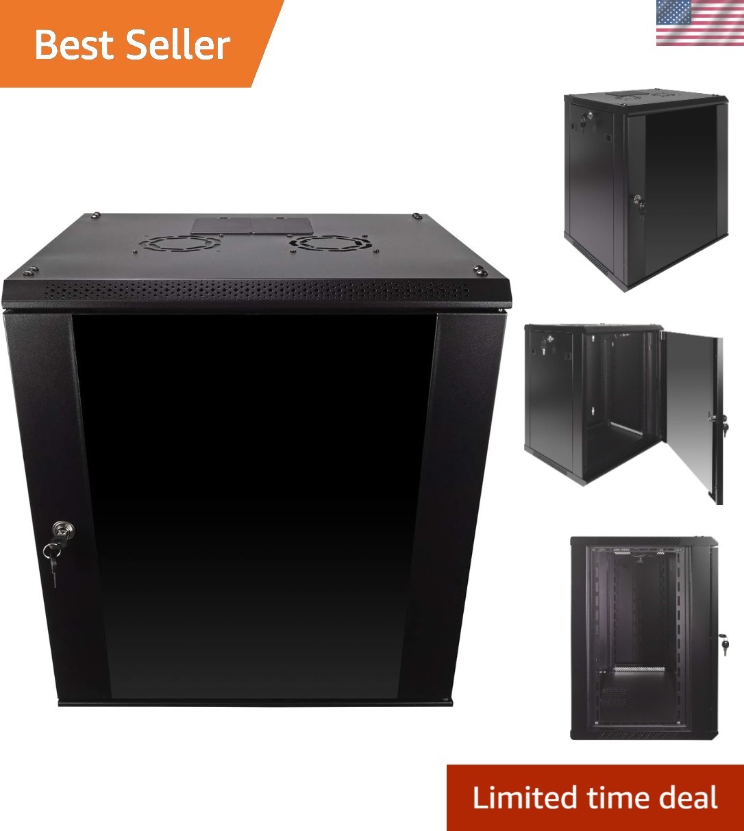 12U Server Rack Enclosure with Glass Door, Cooling Fan, Locks, & Removable Si...