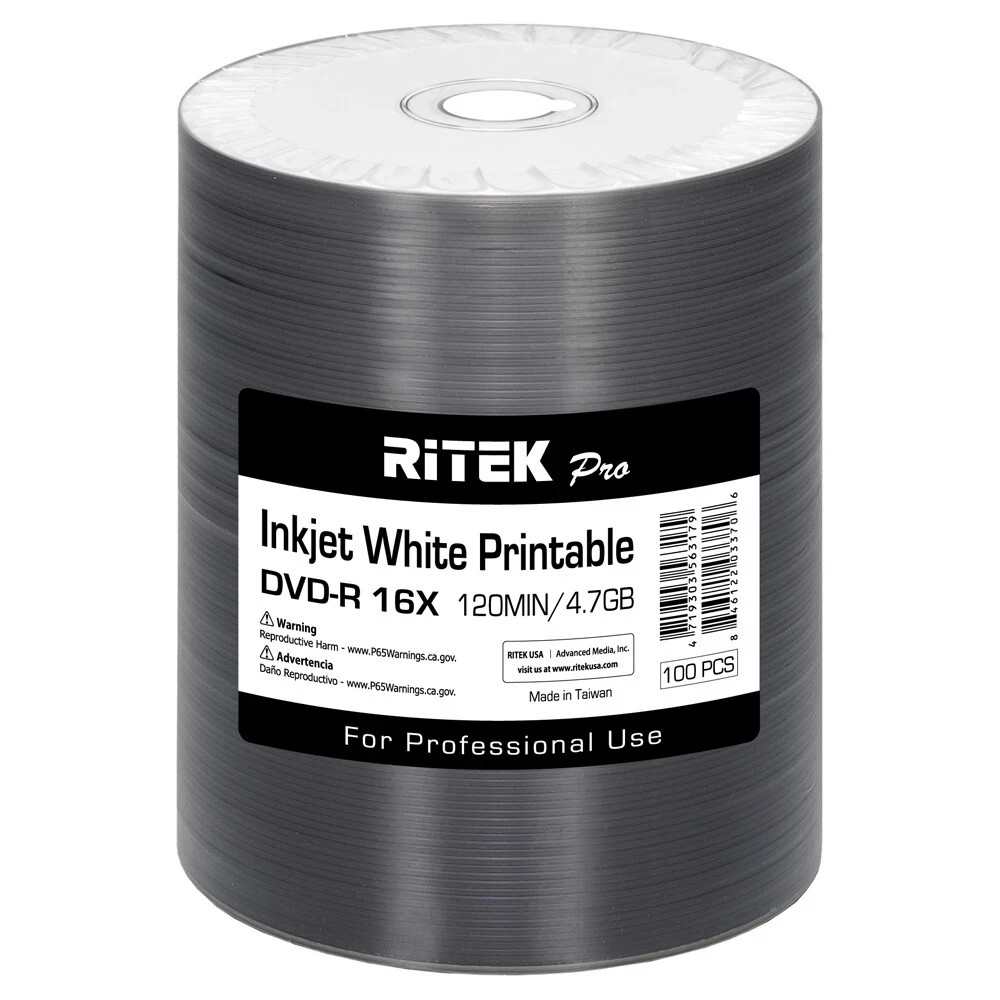 100 Pack Ritek Pro DVD-R 16X 4.7GB White Inkjet Hub Printable Blank Media Disc