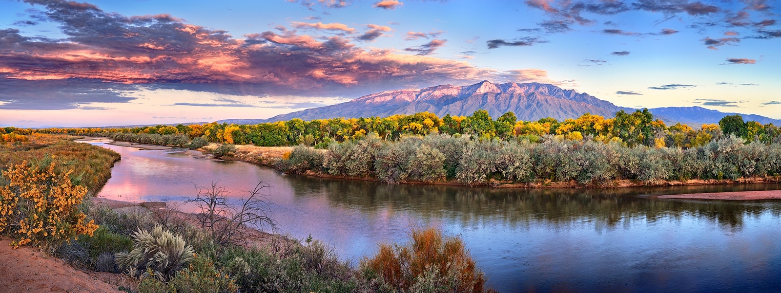 Landscape fall river new mexico sunset forest clouds Custom Gaming Mat Desk