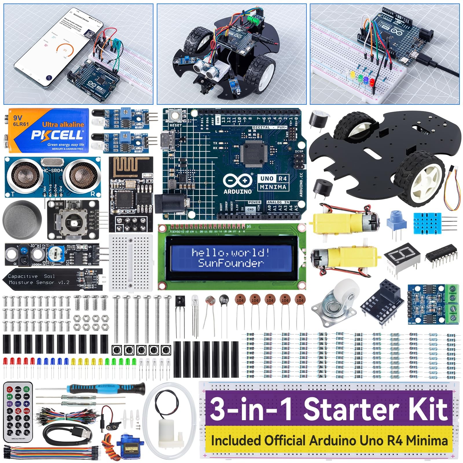 SunFounder 3-in-1 Super Starter Kit with Original Arduino Uno R4 Minima, IoT&...