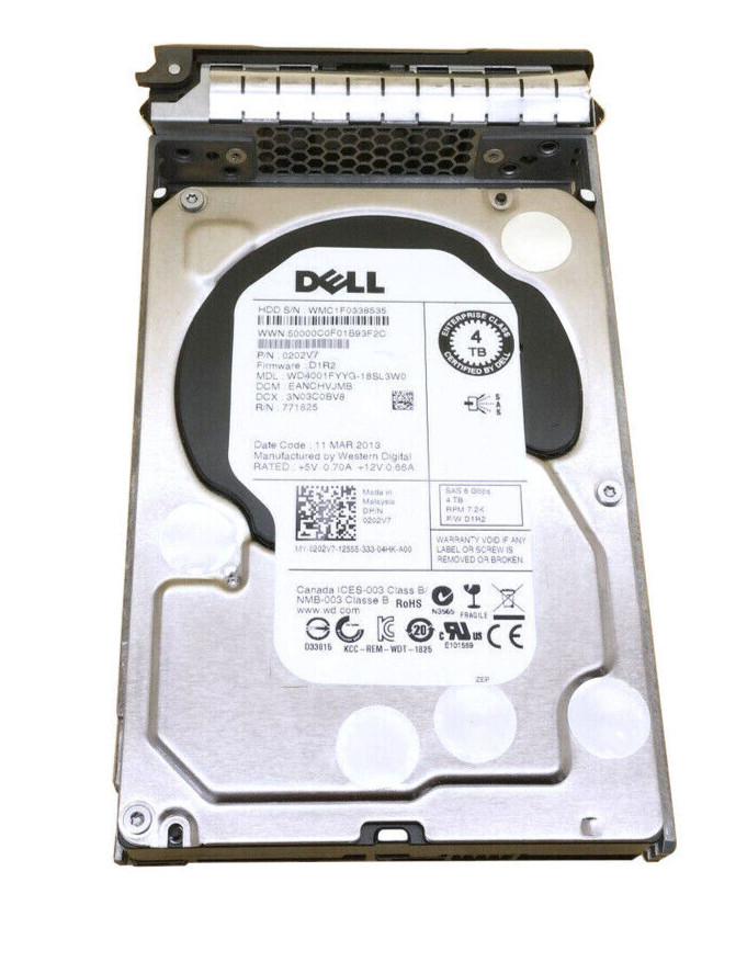 Dell Original 202V7 0202V7 4TB 7.2K 6Gb/s 3.5" SAS SERVER HDD Hard Drive W/Caddy