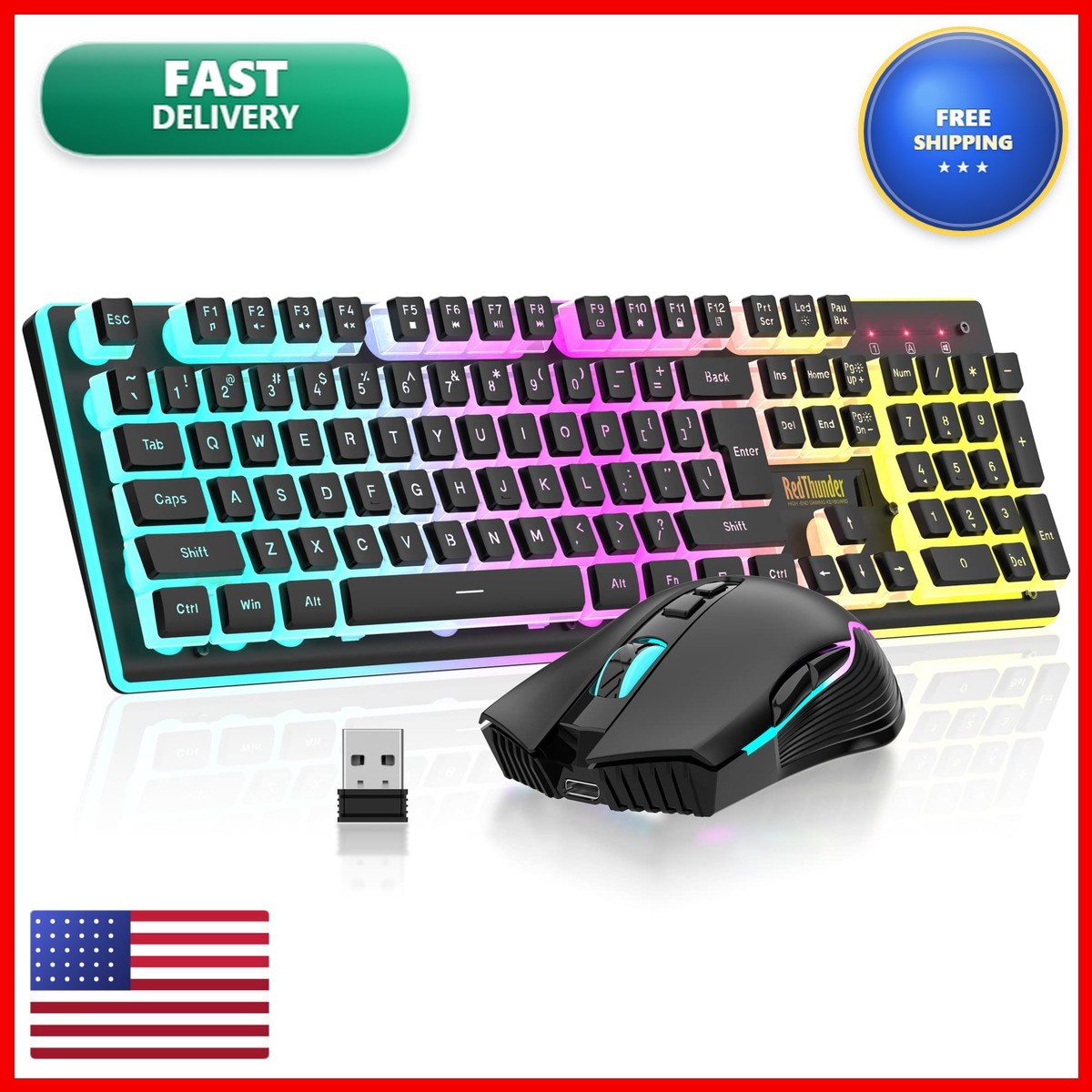 RedThunder K10 Wireless Gaming Keyboard Mouse Combo RGB Backlit Mechanical Feel