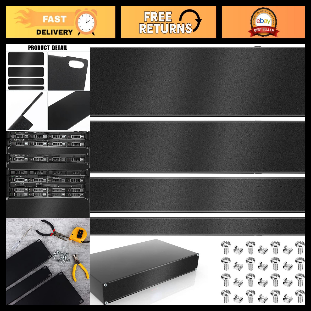 4 Pack Blank Rack Mount Filler Panels 1U/2U/3U/4U Metal for Server Enclosure, Bl