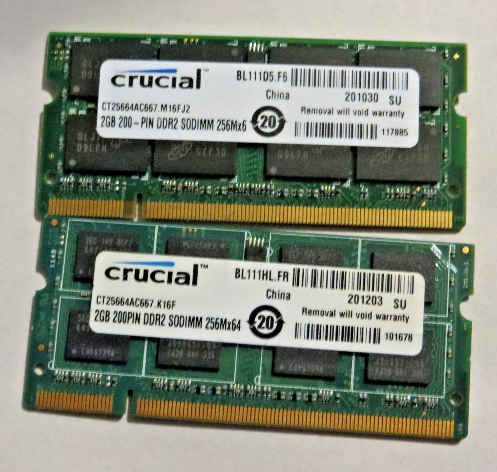 4GB Kit 2x2GB DDR2 667MHz PC2-5300S Laptop RAM Crucial CT25664AC667 Pair
