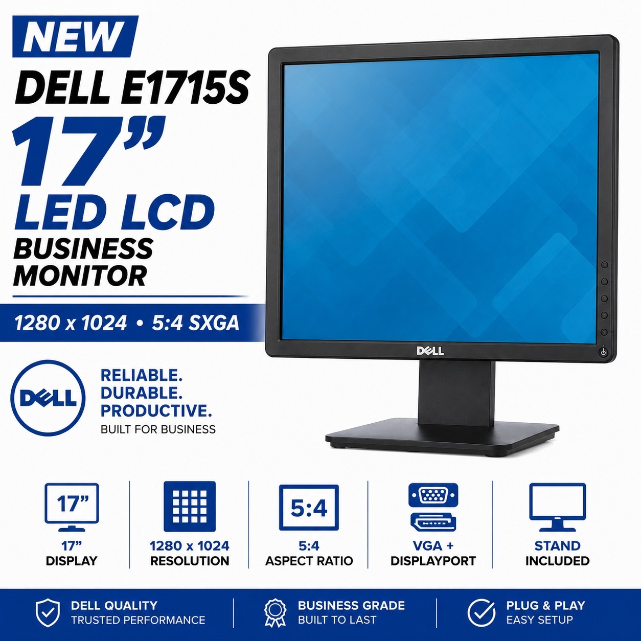 NEW Dell E1715S 17" LED LCD SXGA Business Monitor 1280x1024 5:4 VGA DP w/ Stand