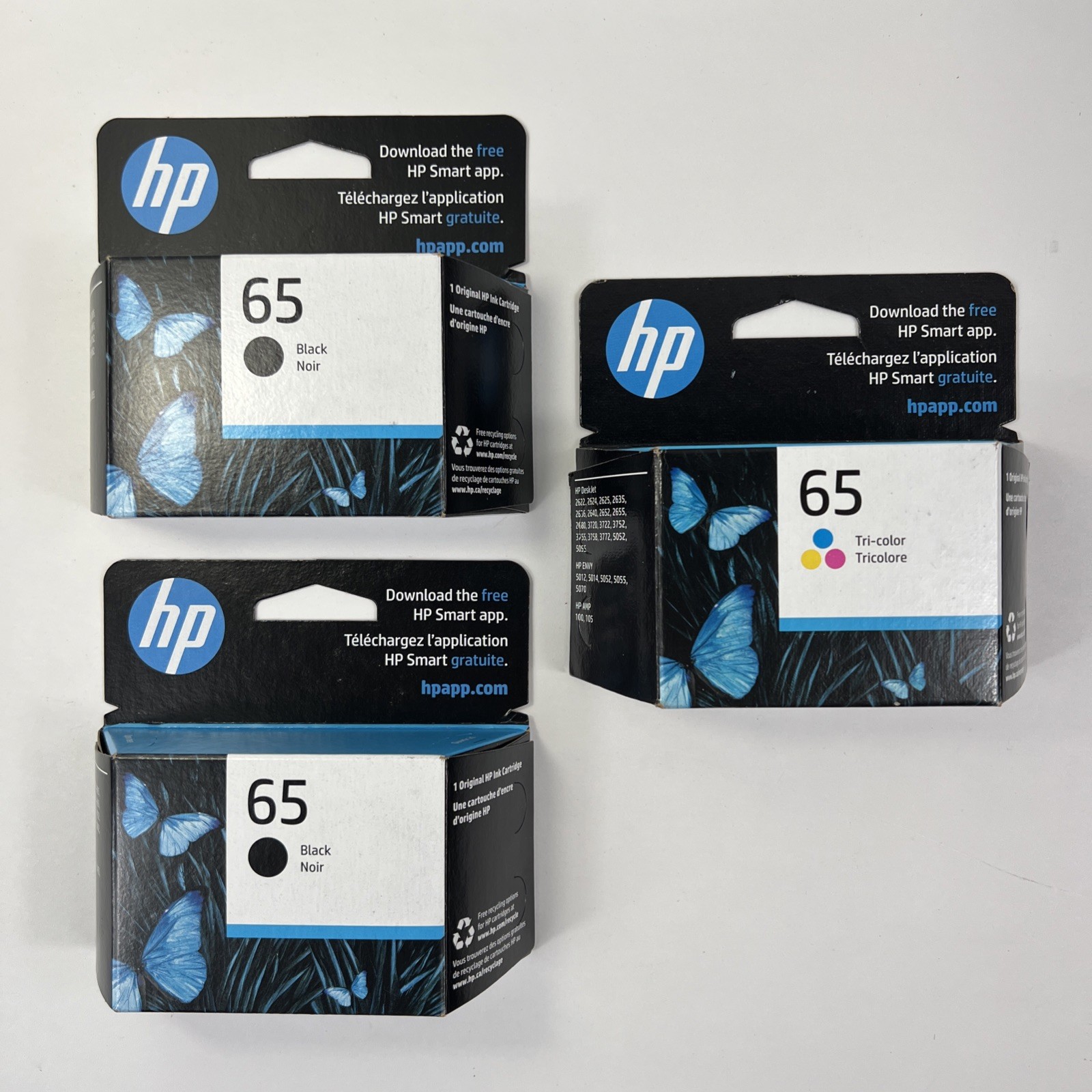 3 HP 65 Ink Cartridges Two Black Ink and One Color Ink New Genuine Exp 2023