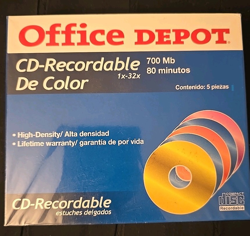 Vintage Office Depot CD-R 700 MB/80 Min CDs 5 Pack Recordable 1x-32x Sealed