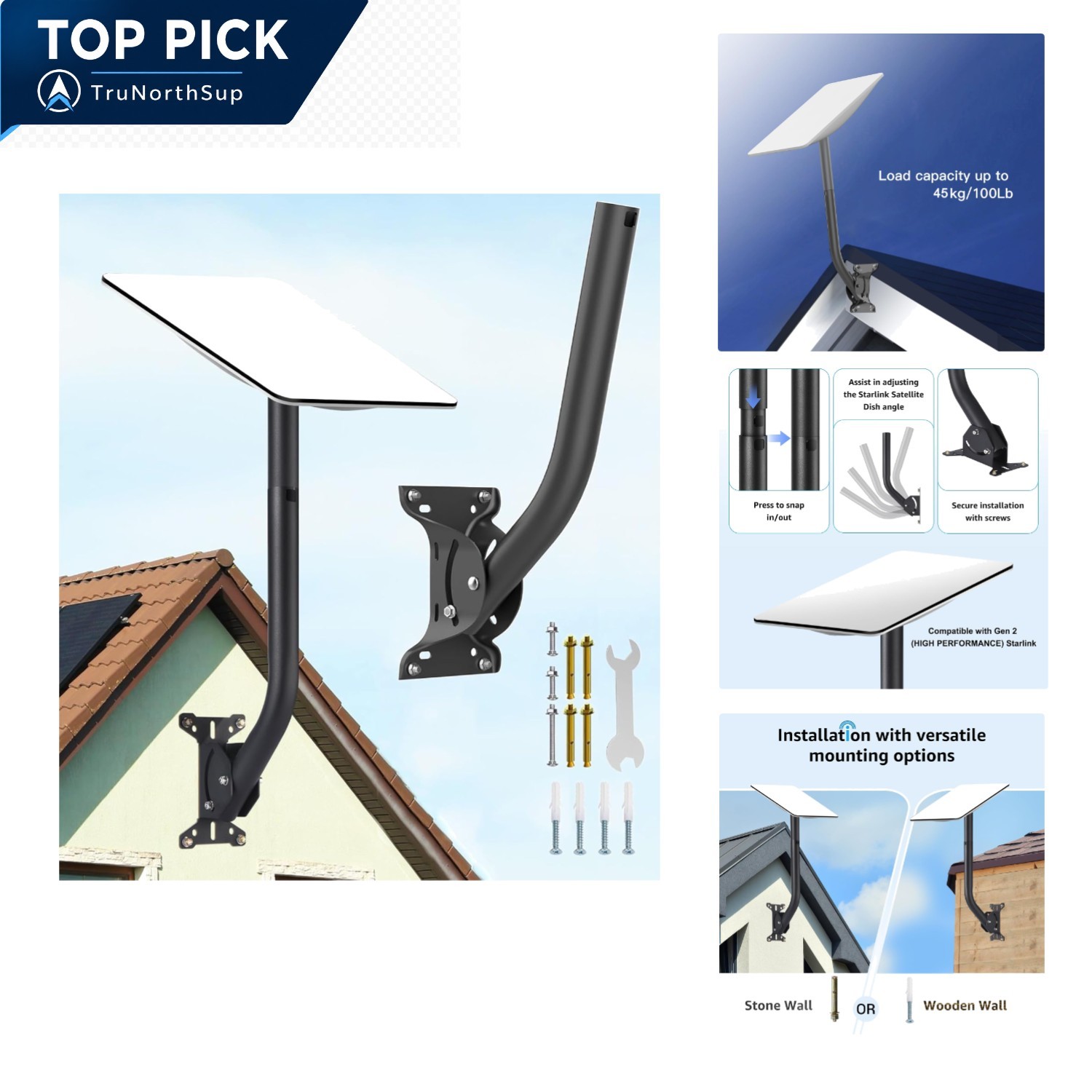 Starlink Gen 2 Wall Mount Adjustable Angle J Pole Roof Mount Kit for Outdoor Use