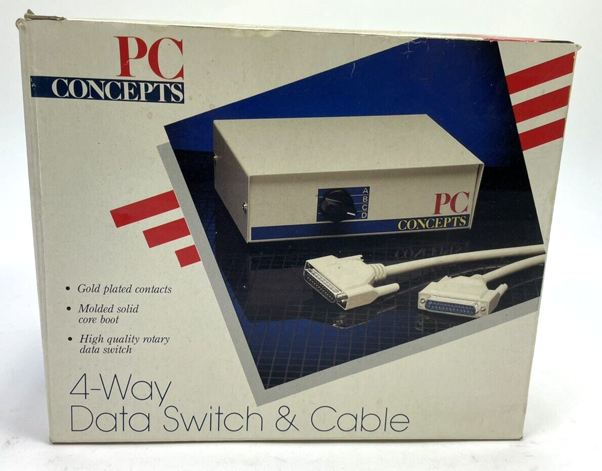 PC Concepts 4 Way Data Switch & 10' Cable NIB