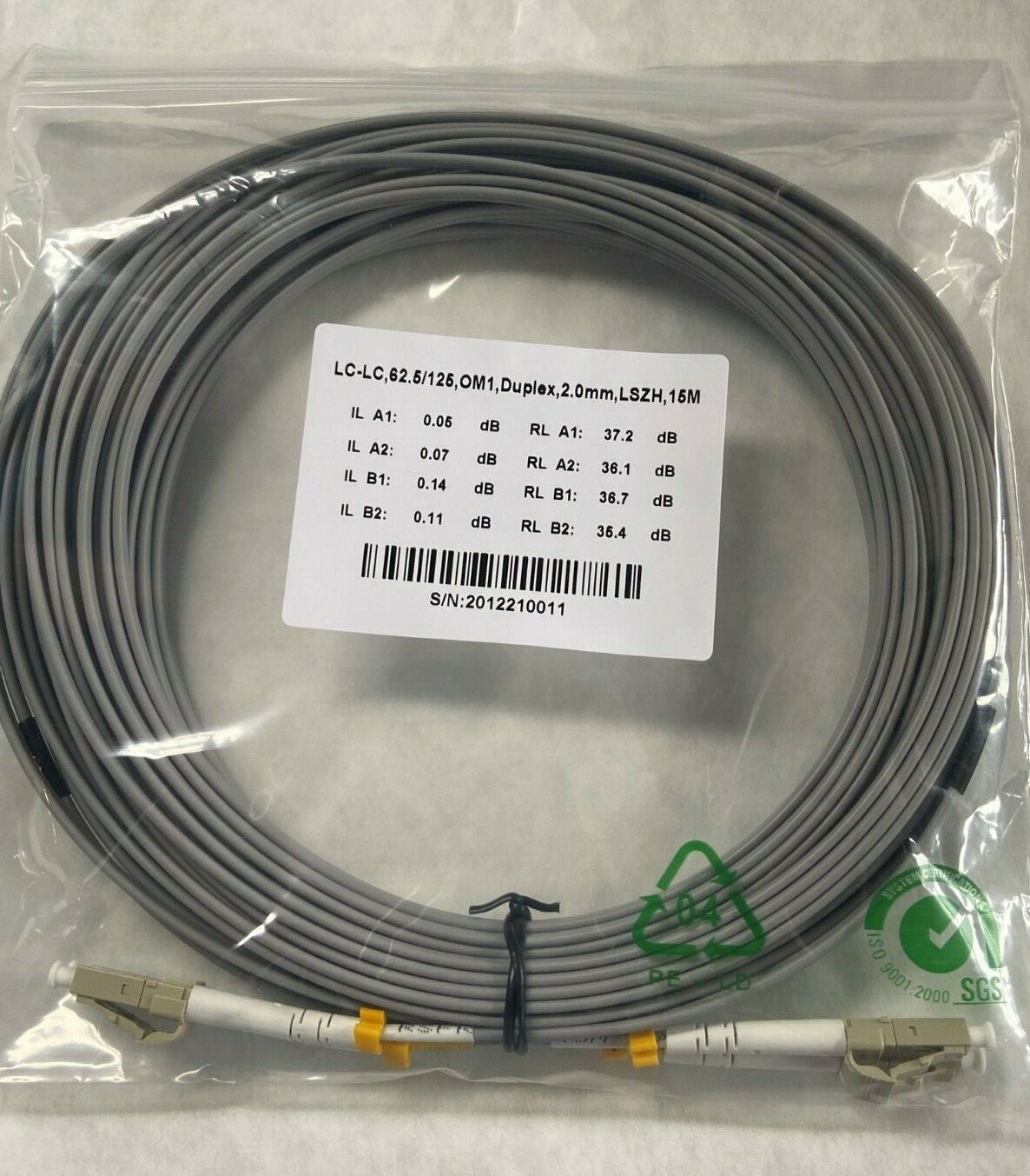 Fiber Optics Patch cord Jumper Om1 62.5/125  Duplex 2mm Gray Jacket LC-LC 15M 