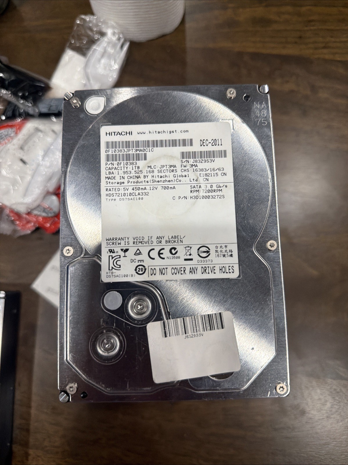 Hitachi 1TB Hard Drive Used 3.5”