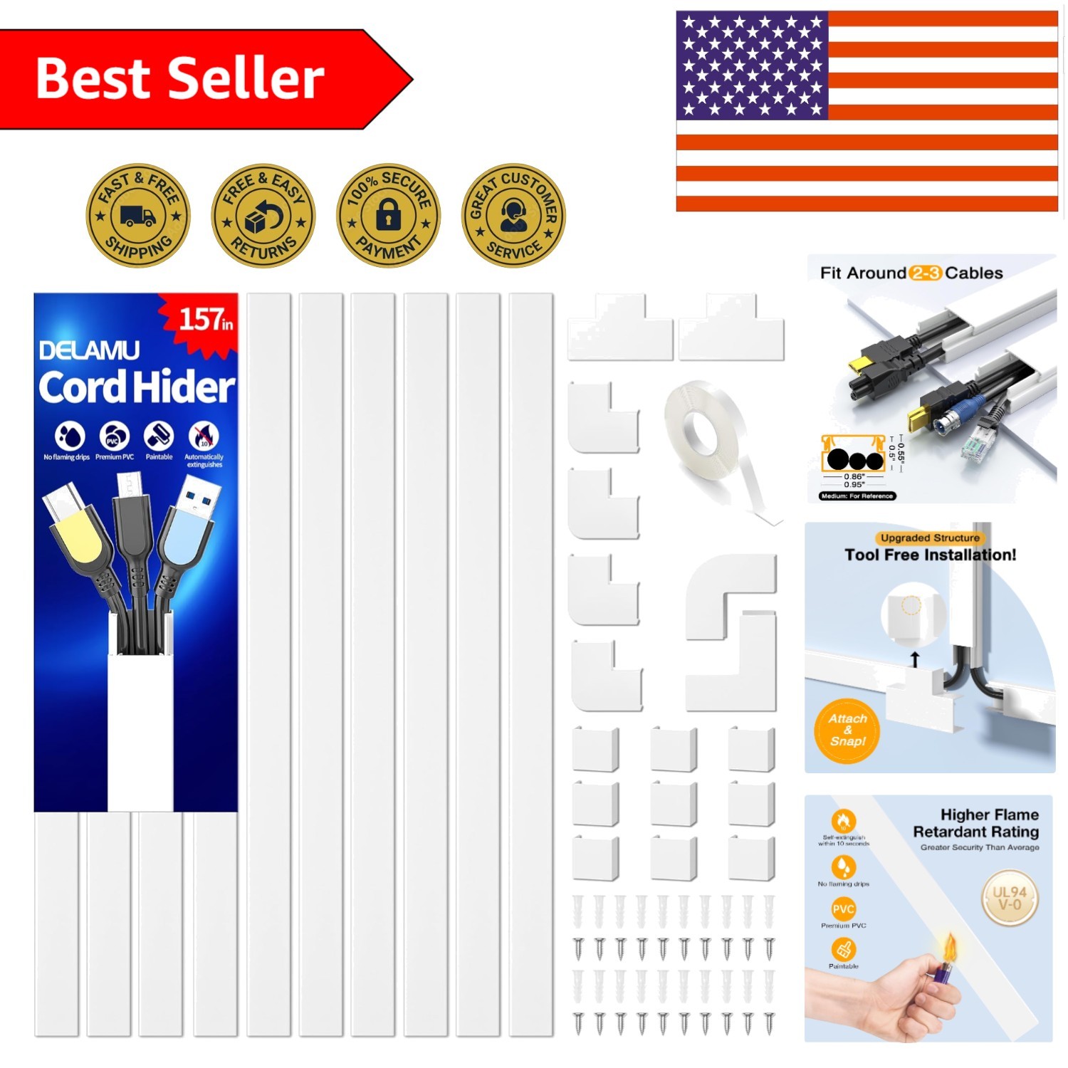 157in Cord Hider with Flame Retardant Safety - White Cable Management
