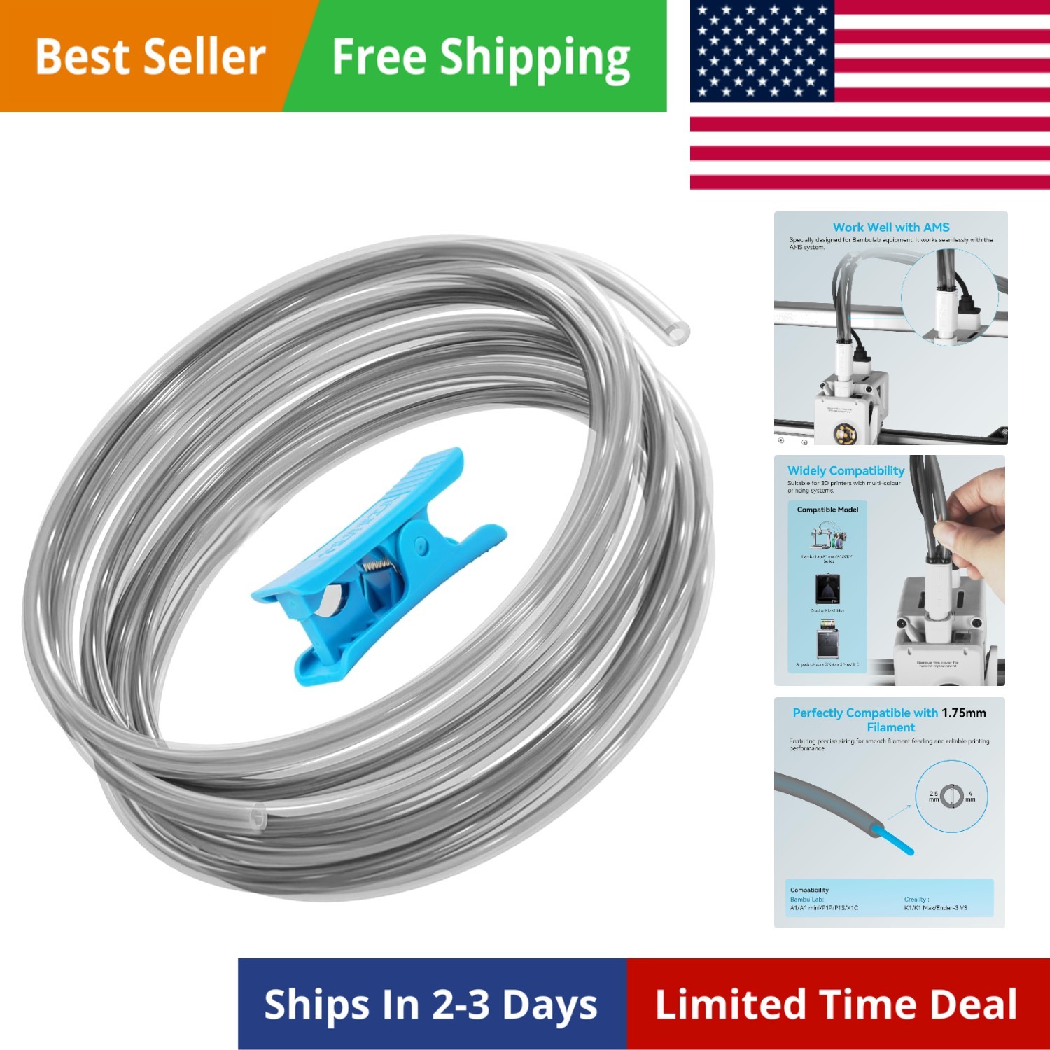 Ultra-Smooth PTFE Tube for 1.75mm filament with Cutter for Extruder,2.5mm IDx...