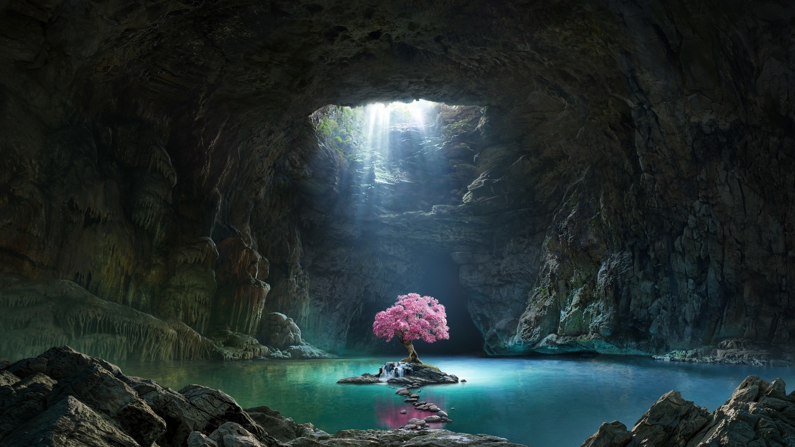 Landscape nature trees water cave rocks lake stones sun Custom Gaming Mat Desk
