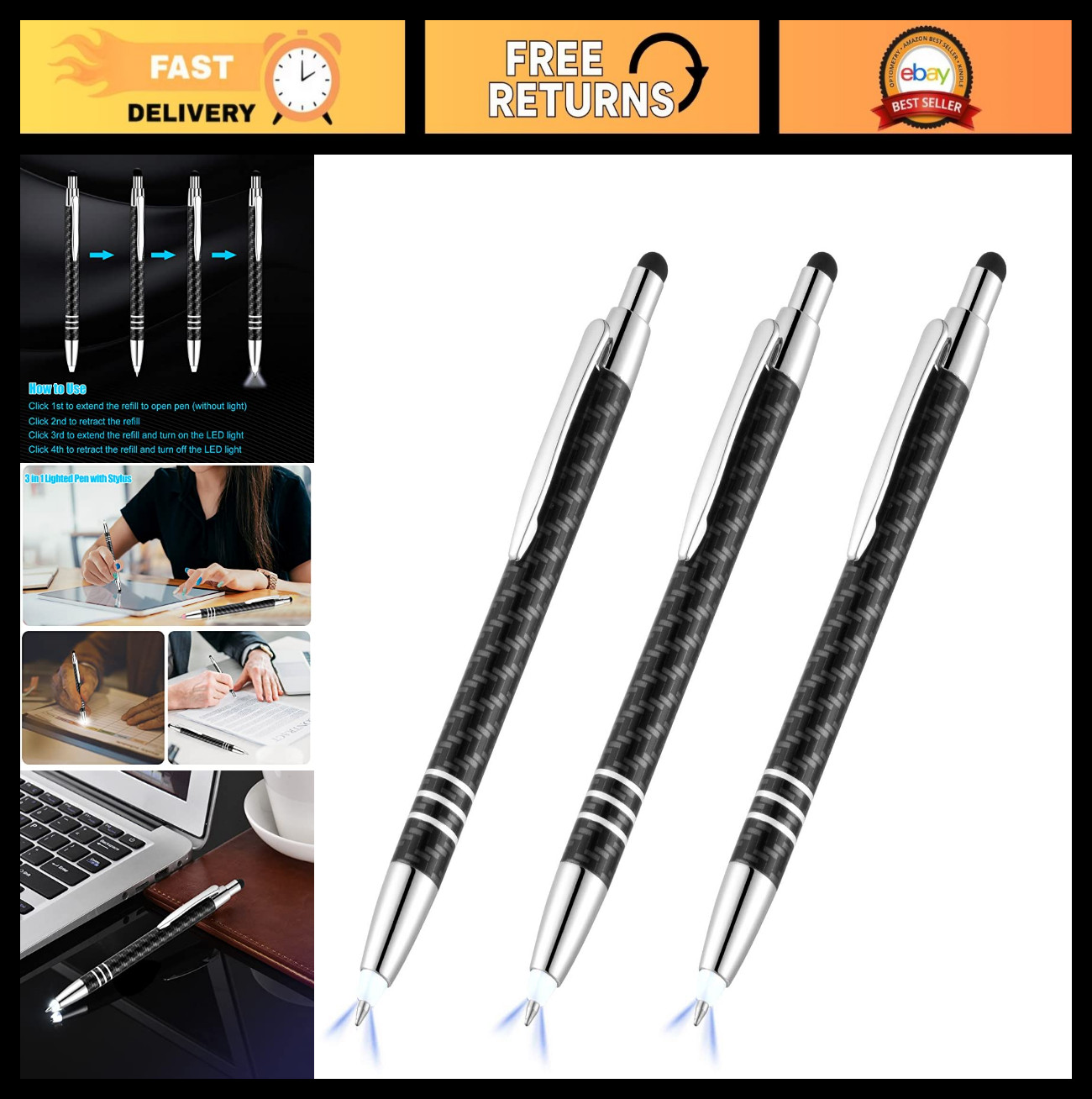 3-in-1 Lighted Tip Pen with Stylus - LED Ballpoint Pen for Writing in Dark - 3 P