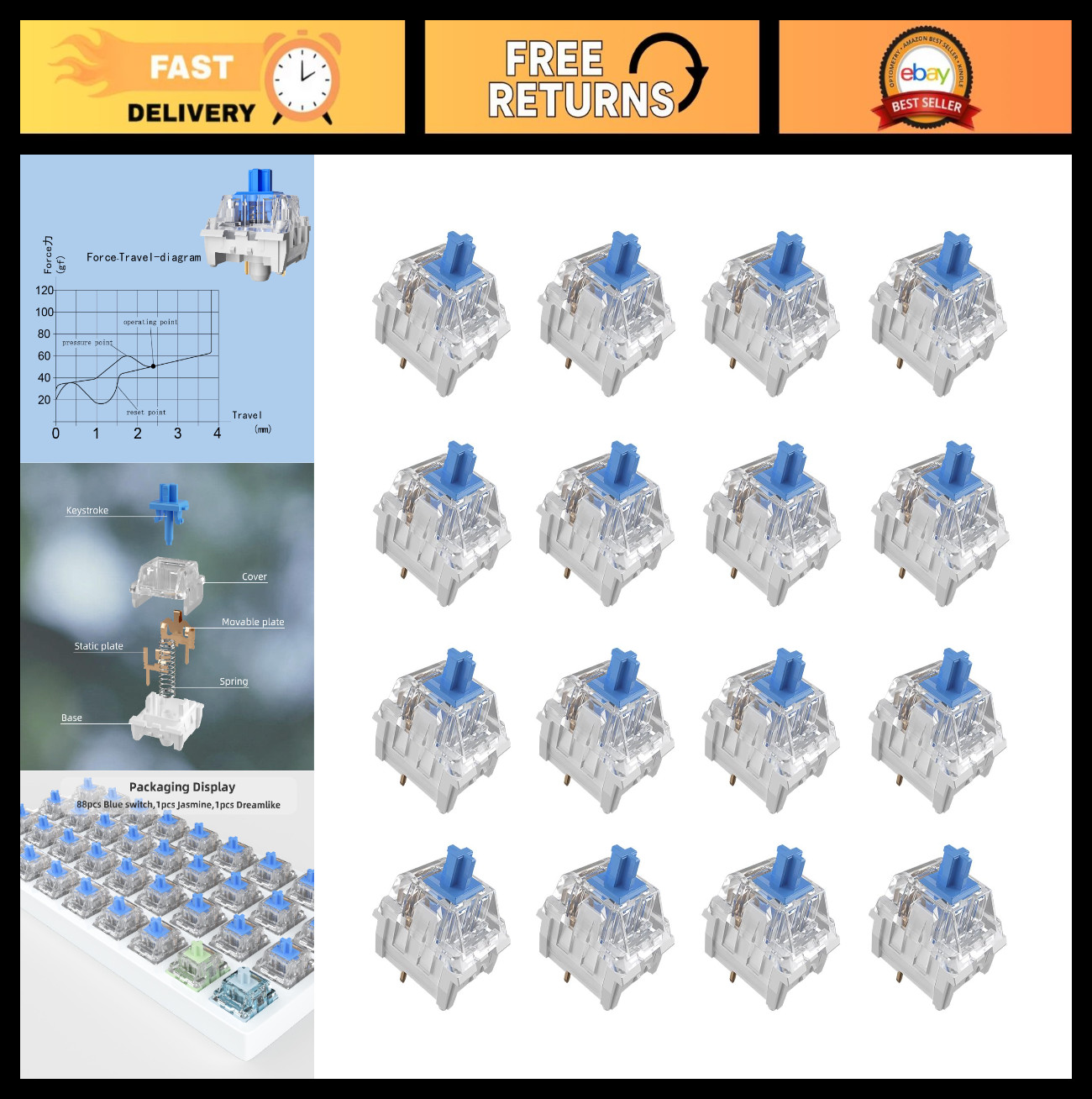 90pcs 3D Print Clicky Keyboard Switches | 3 Pin 50gf Dustproof Pre-Lubed Key Swi